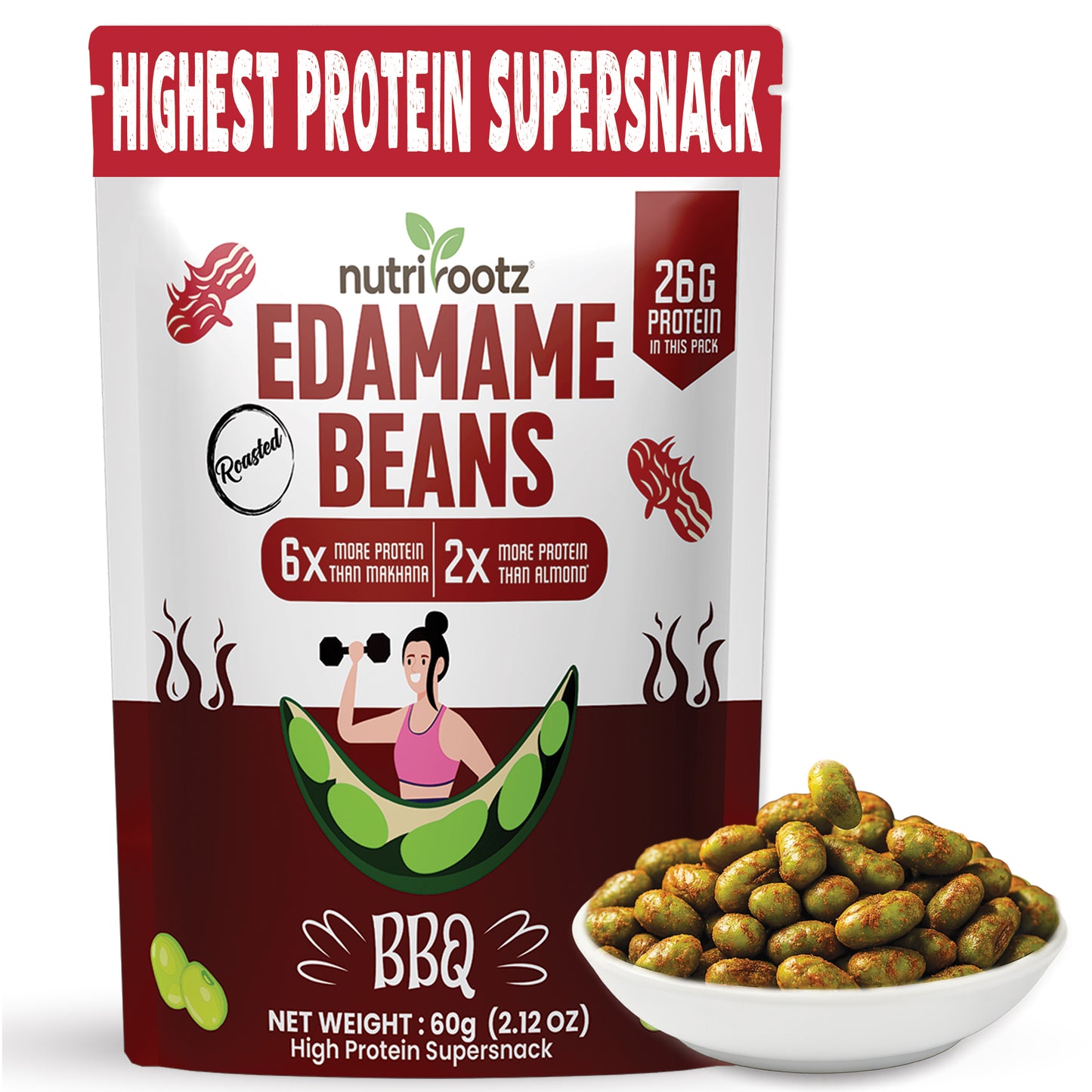 NUTRIROOTZ ROASTED EDAMAME BEANS | 26g PROTEIN Per Pack | BBQ Flavor | Highest Protein Super Snack | Plant-Based | Keto Friendly | Gluten-Free Snacks | Healthy Crunchy Snack -60G