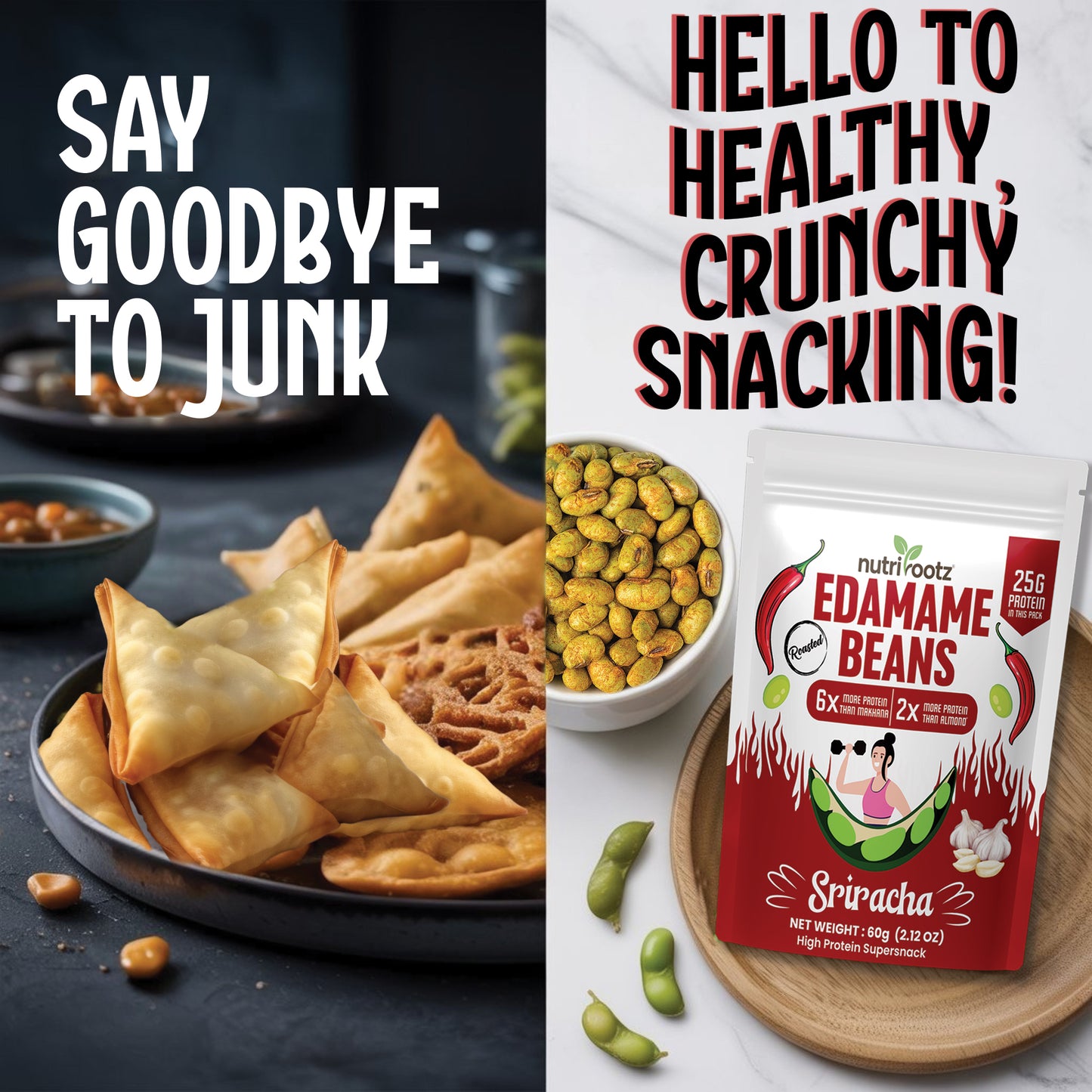 NUTRIROOTZ Roasted Edamame Beans | High Protein Super Snack | 25g Protein | More Protein Than Makhana | Keto Friendly | Gluten Free | Vegan | Healthy Crunchy Snack (60 G, SRIRACHA)