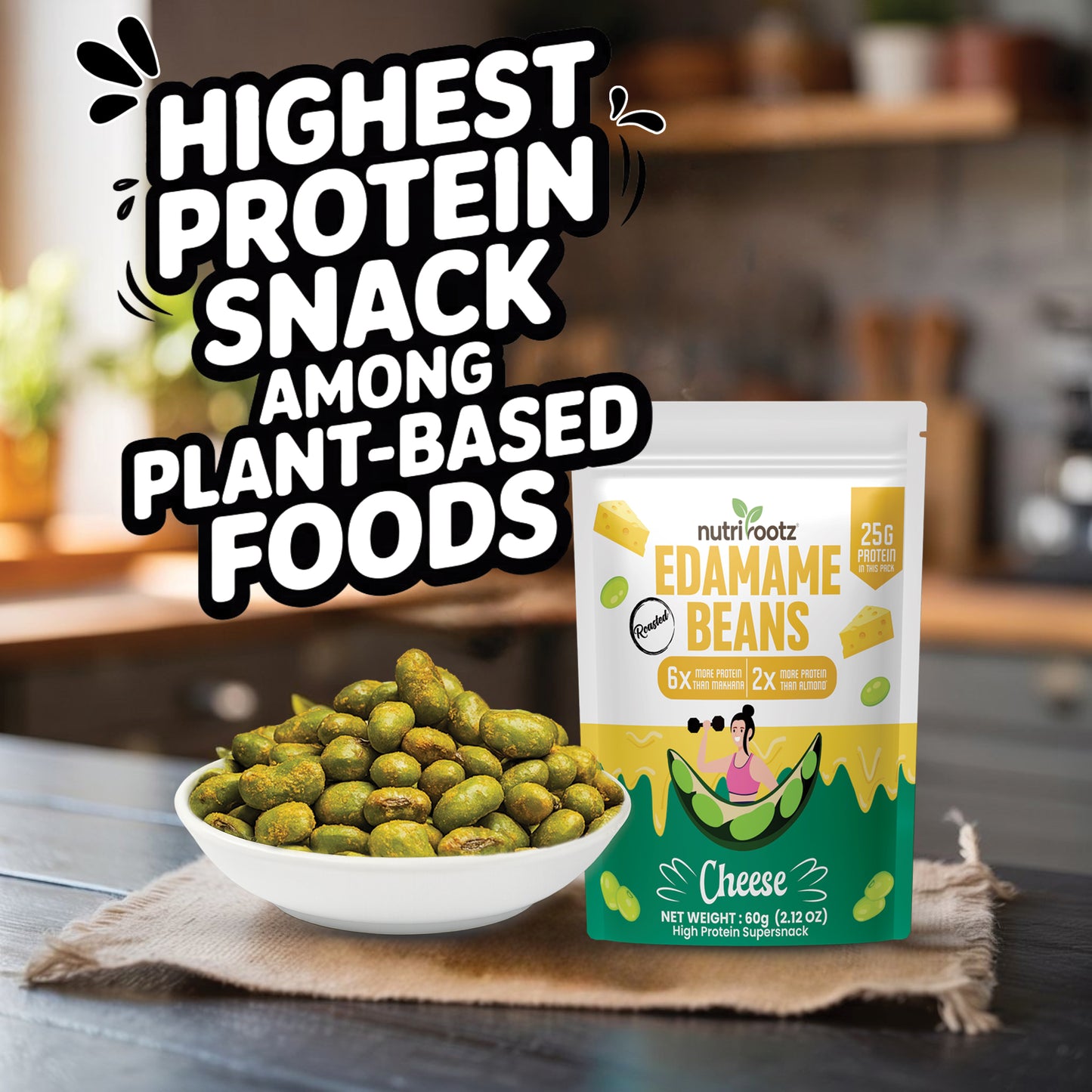 NUTRIROOTZ Roasted Edamame Beans | High Protein Super Snack | 25g Protein | More Protein Than Makhana | Keto Friendly | Gluten Free | Vegan | Healthy Crunchy Snack (60 G, CHEESE)