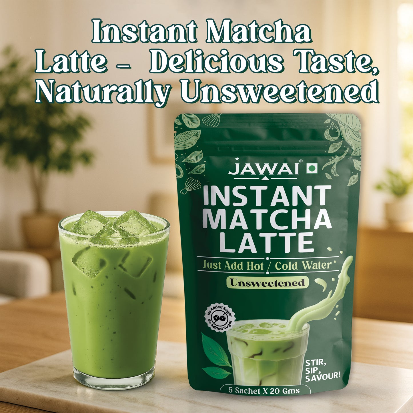JAWAI MATCHA LATTE INSTANT PREMIX | Japanese Matcha Green Tea Powder | Unsweetened, No Added Sugar | Just Add Hot or Cold Water | 5 Sachets x 20G