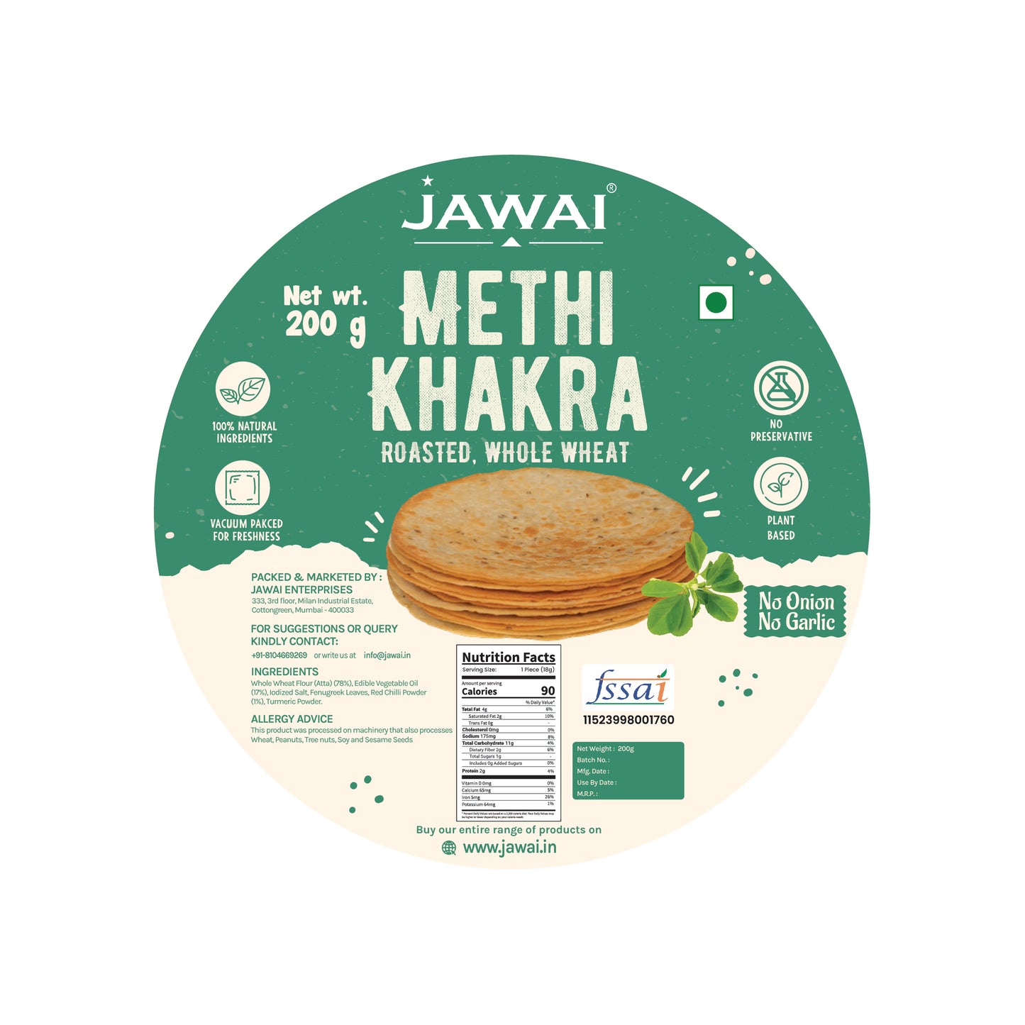 Methi Khakhra - Roasted | No Onion- No Garlic | Whole Wheat Khakra | Crispy Ready To Eat Snack | Vacuum Packed for Freshness