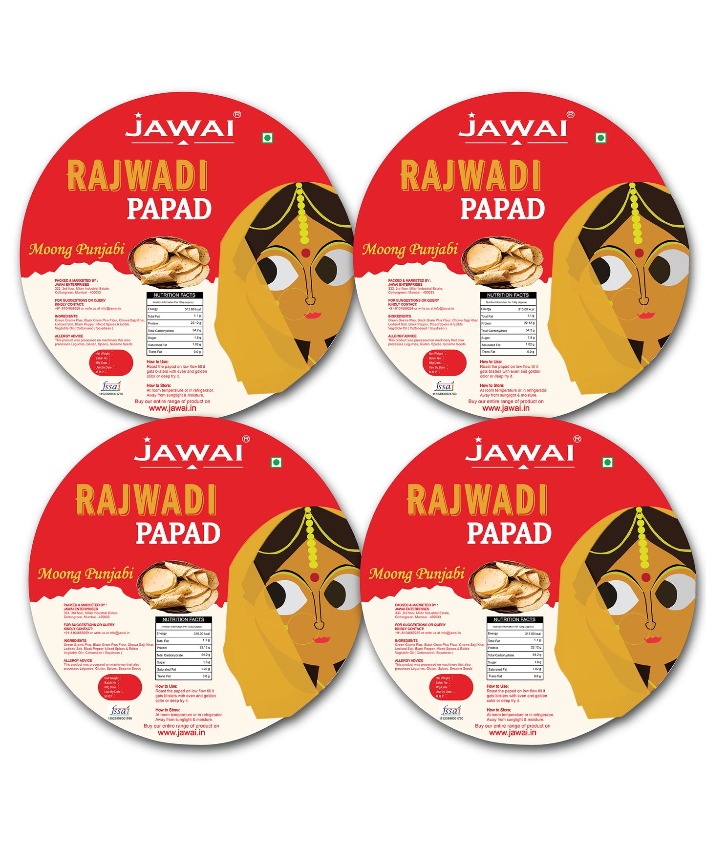 Jawai Moong Punjabi Papad | Protein Rich Masala Papad | 100% Natural | Handmade Papad | Rich Rajasthani Flavor | Zipper Packaging | Pack of 4 -100g Each