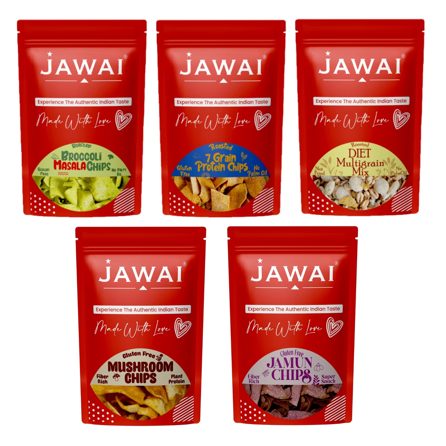 Snacks Combo | Mushroom Chips + Broccoli Chips + 7 Grain Protein Chips + Diet Multigrain Mix + Jamun Chips | Pack Of 5