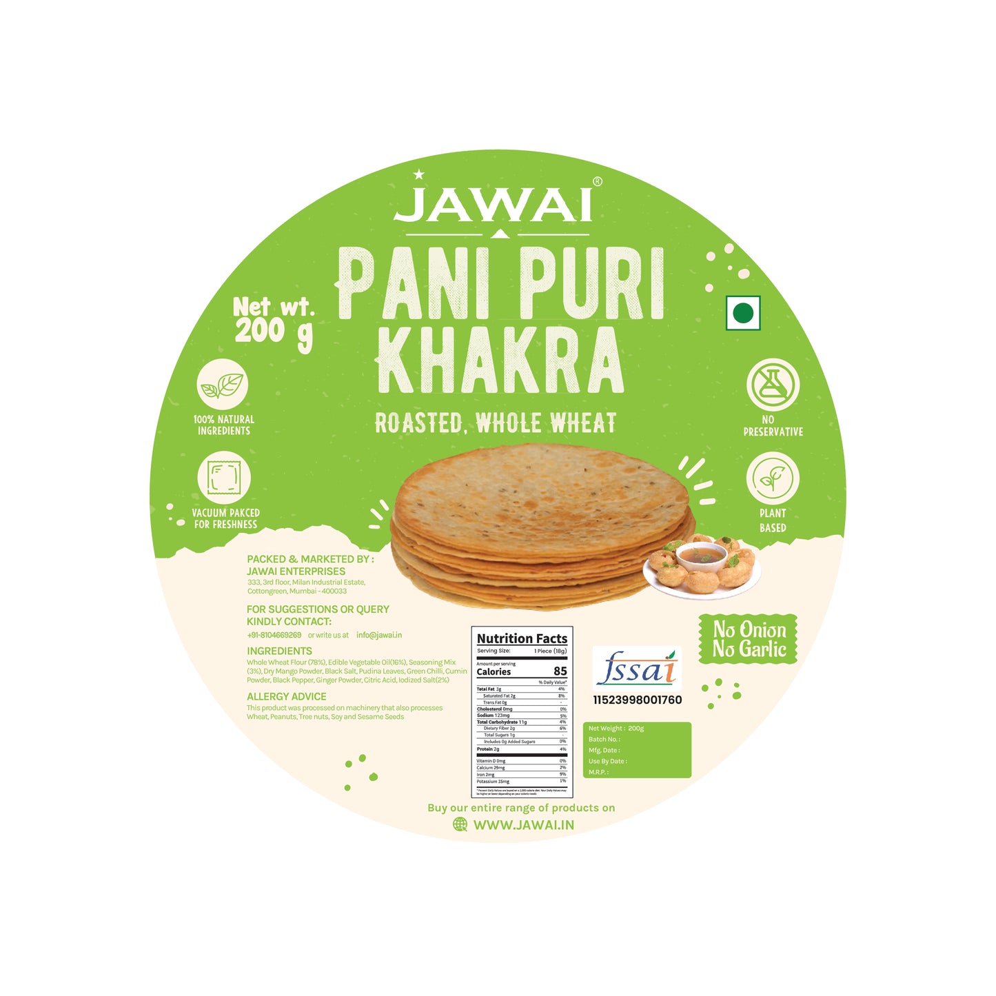 Pani Puri Khakhra - Roasted | No Onion - No Garlic | Whole Wheat Khakra | Crispy Ready To Eat Snack | Vacuum Packed for freshness