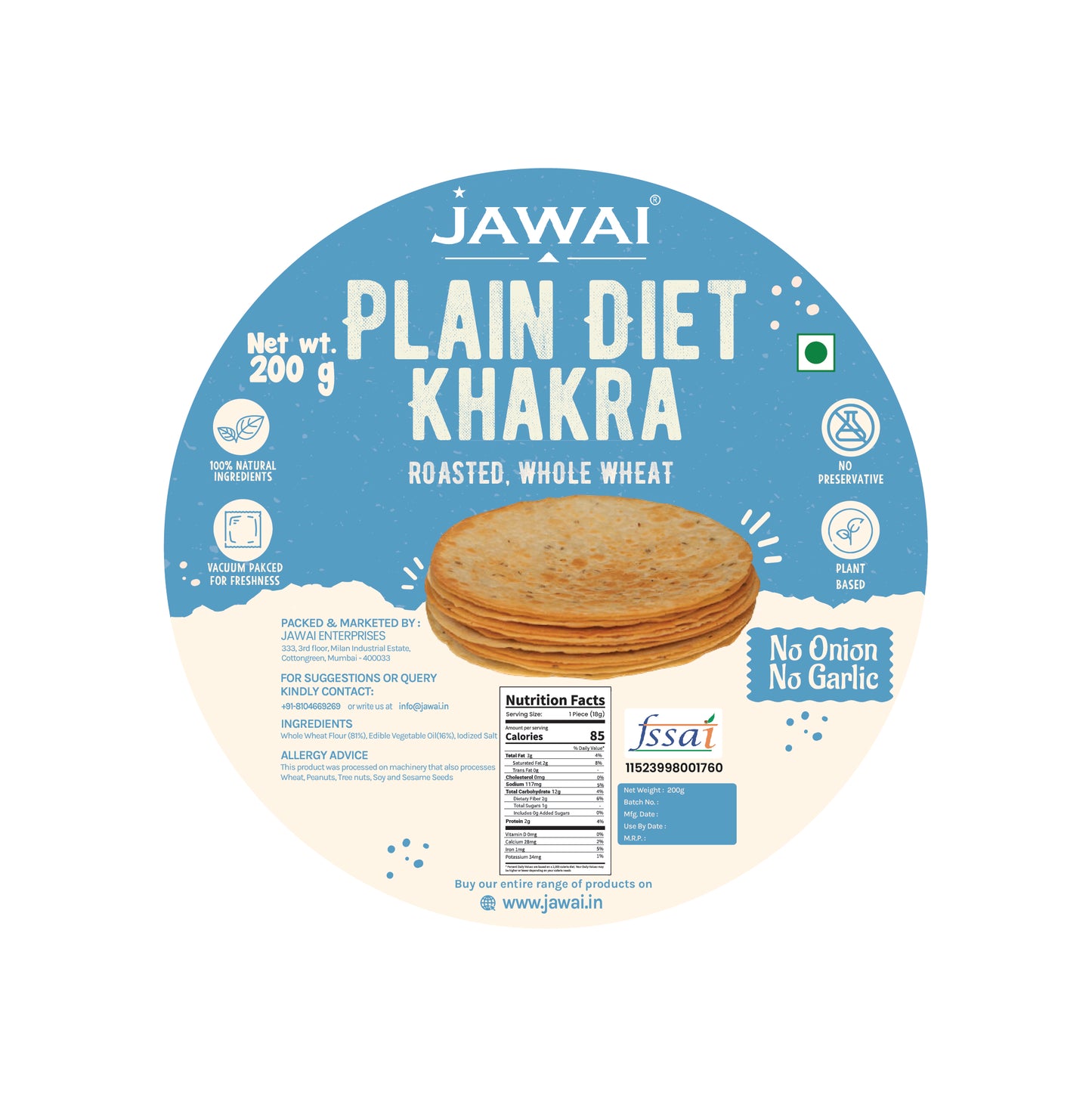 Plain Diet Khakhra - Roasted | No Onion - No Garlic | Whole Wheat Khakra | Crispy Ready To Eat Snack | Vacuum Packed for Freshness