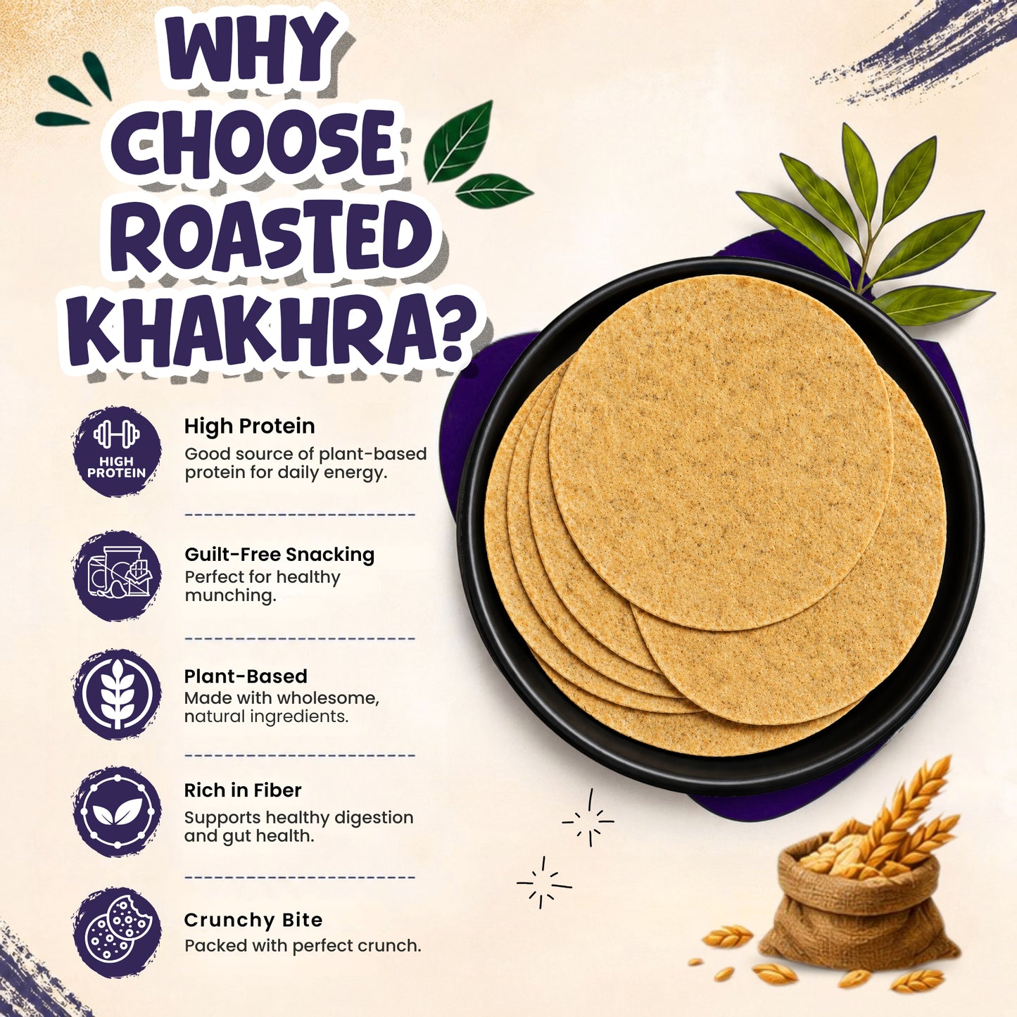 Roasted Whole Wheat Khakra Combo | Methi, Plain Diet, Punjabi, Manchurian | 100% Natural | Pack of 4, 200 gms each | Vaccum packed for Freshness