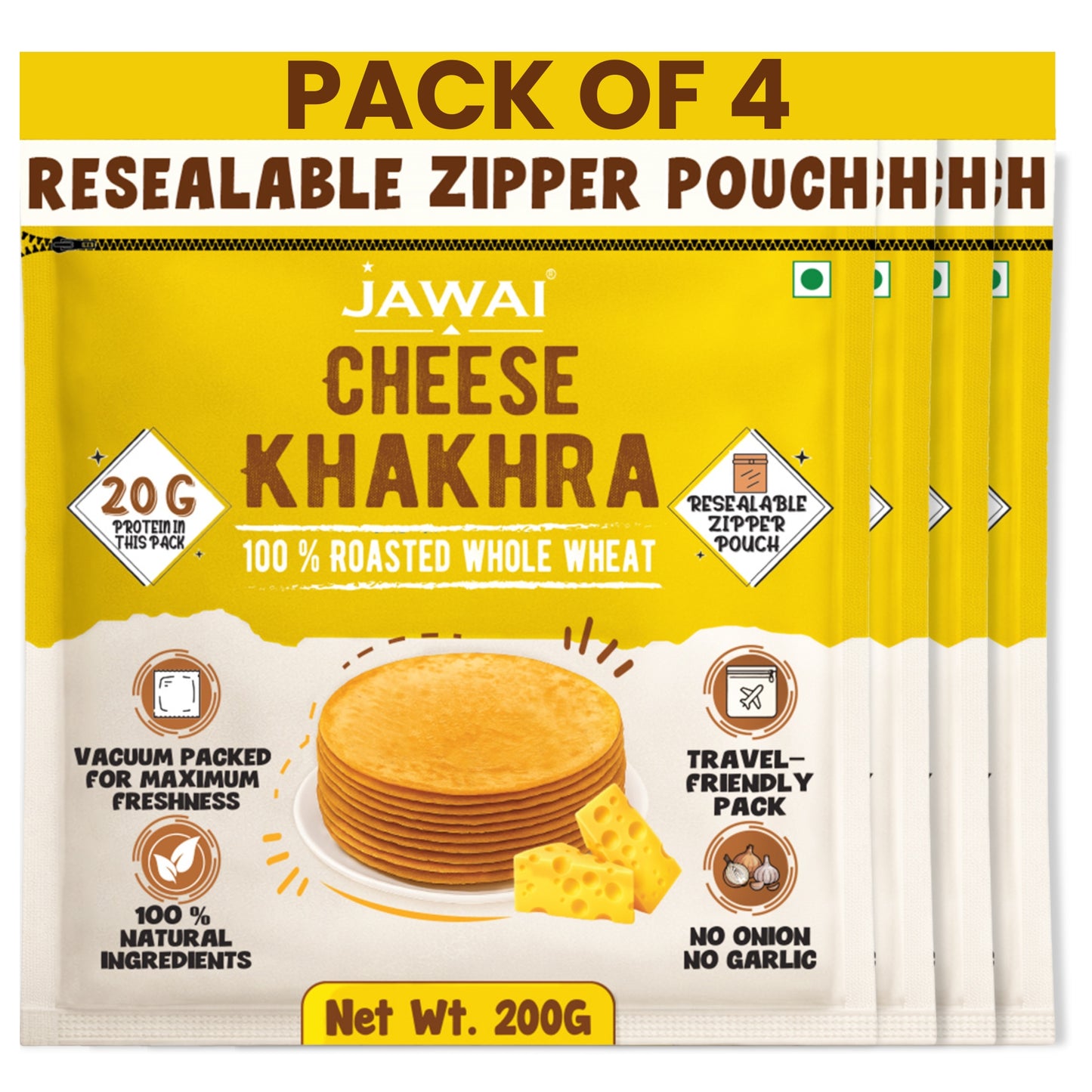 Cheese Khakhra - Roasted with No Onion-No Garlic | Whole Wheat Khakhra | Zip Packed for freshness | Jawai