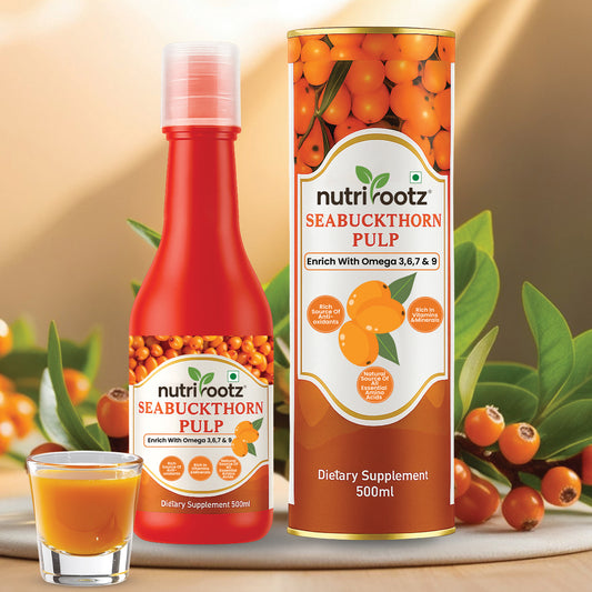 NUTRIROOTZ HIMALAYAN SEA BUCKTHORN PULP 500 ML| SeaBuckthorn Juice| Sea Buckthorn Berry Pulp| Cold Pressed| Rich In Omega 3,6,7,9 & Natural Vitamin C| Immunity Booster| Antioxidant | Herbal Supplement