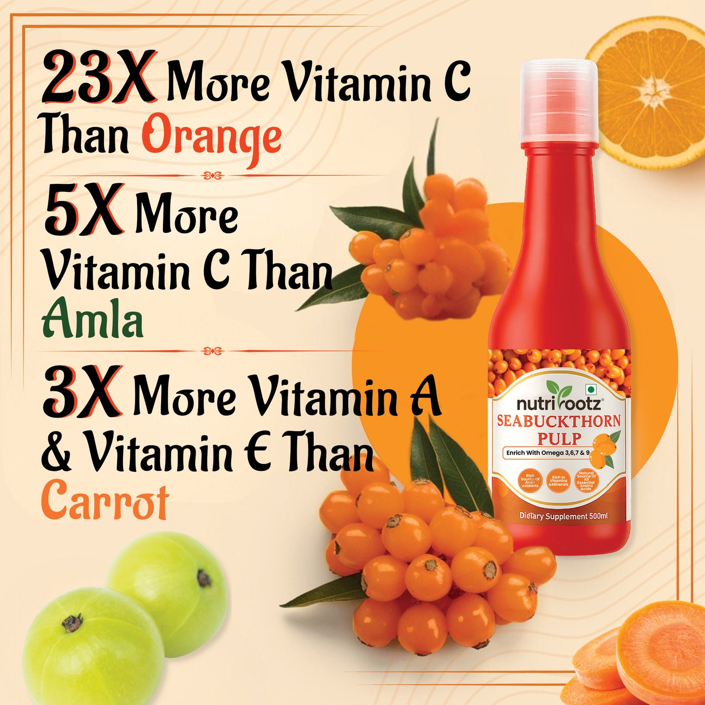 NUTRIROOTZ HIMALAYAN SEA BUCKTHORN PULP 500 ML| SeaBuckthorn Juice| Sea Buckthorn Berry Pulp| Cold Pressed| Rich In Omega 3,6,7,9 & Natural Vitamin C| Immunity Booster| Antioxidant | Herbal Supplement