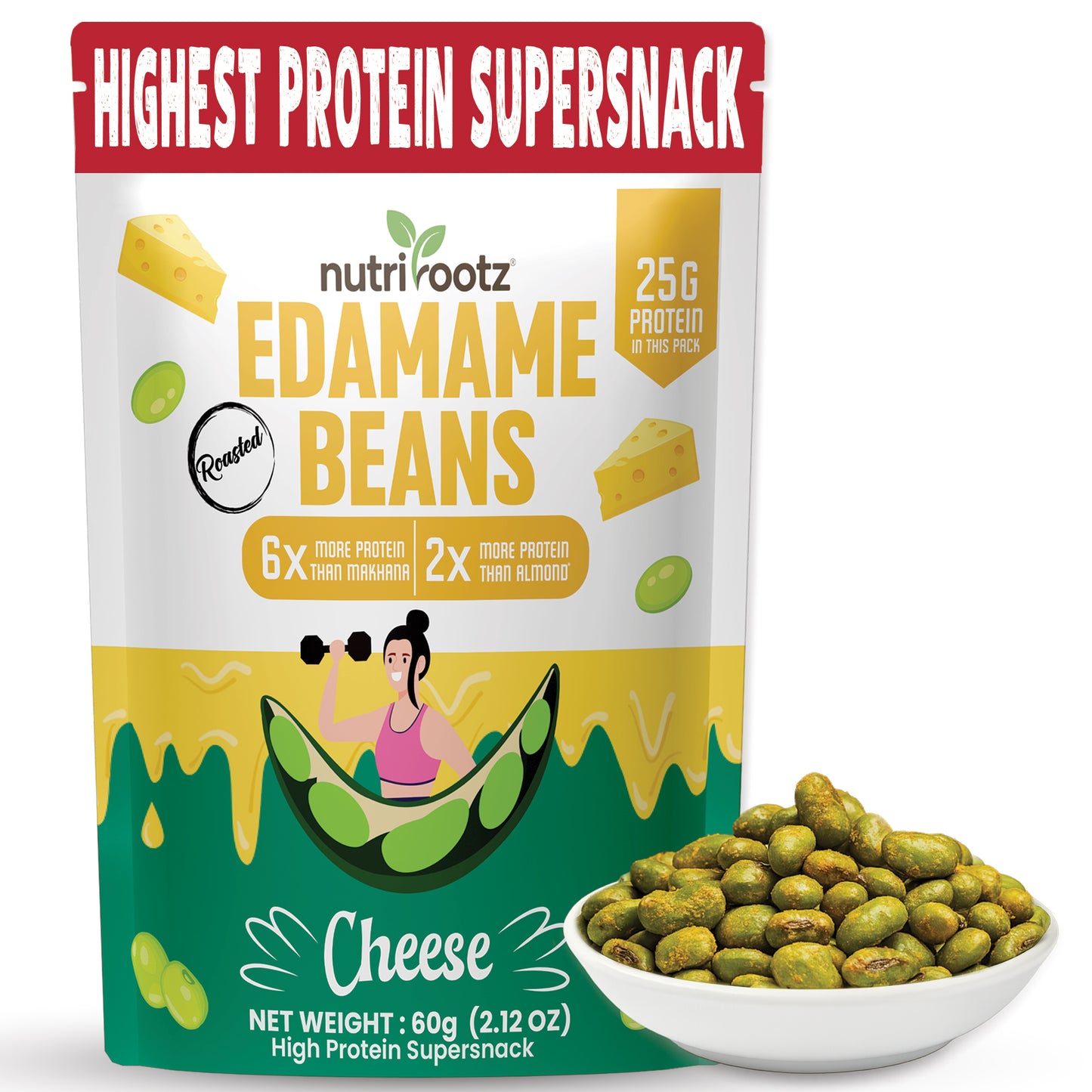 NUTRIROOTZ Roasted Edamame Beans | High Protein Super Snack | 25g Protein | More Protein Than Makhana | Keto Friendly | Gluten Free | Vegan | Healthy Crunchy Snack (60 G, CHEESE)