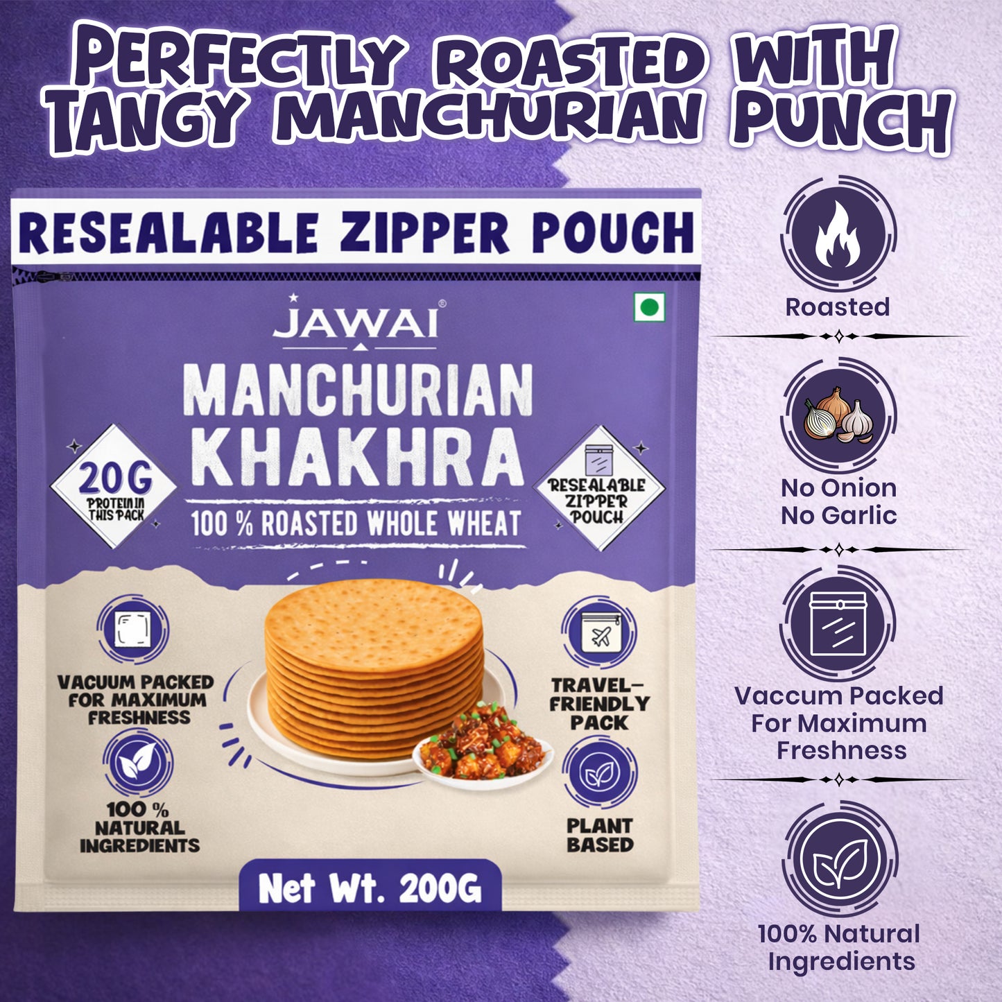 Roasted Whole Wheat Khakra Combo | Methi, Plain Diet, Punjabi, Manchurian | 100% Natural | Pack of 4, 200 gms each | Vaccum packed for Freshness