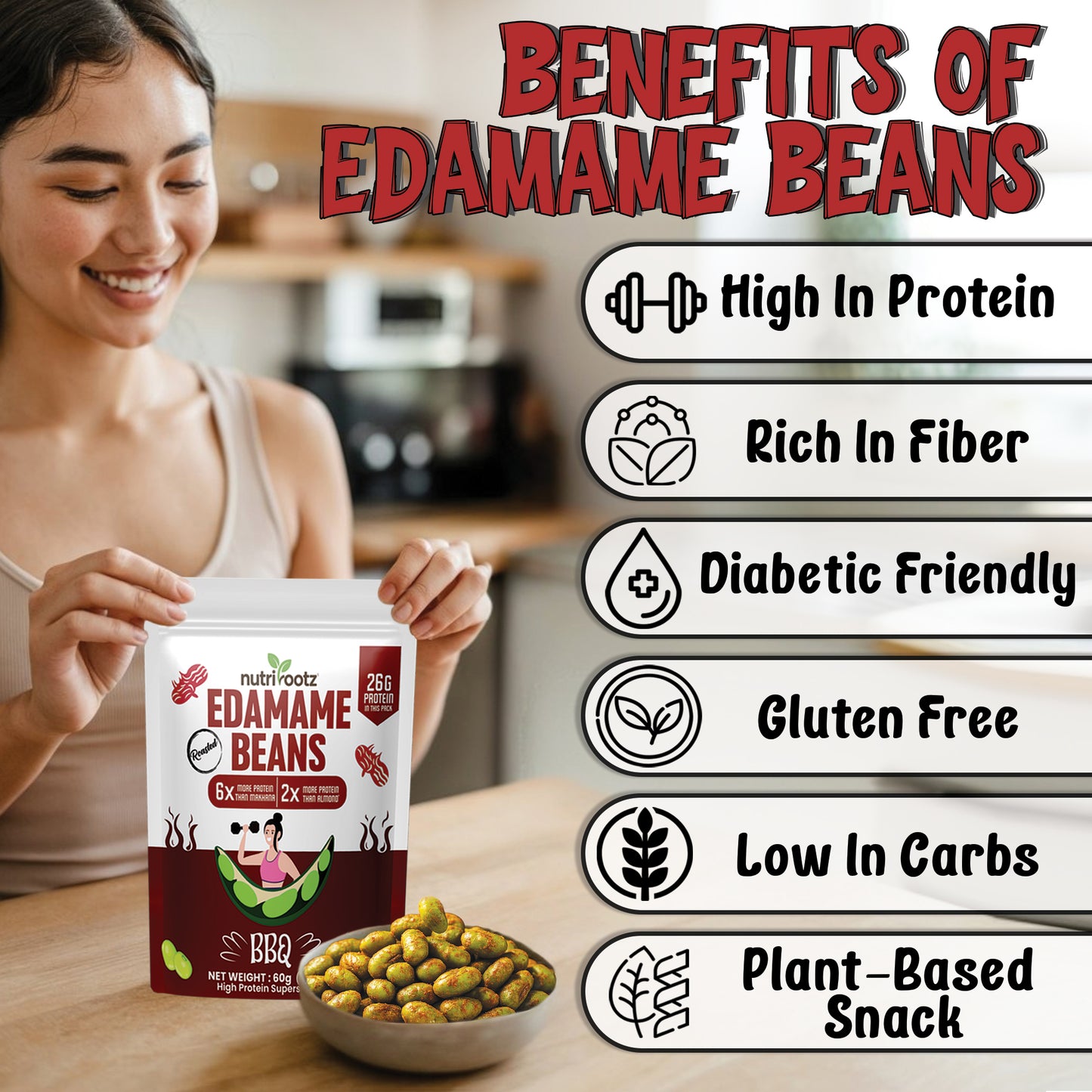 NUTRIROOTZ ROASTED EDAMAME BEANS | 26g PROTEIN Per Pack | BBQ Flavor | Highest Protein Super Snack | Plant-Based | Keto Friendly | Gluten-Free Snacks | Healthy Crunchy Snack -60G