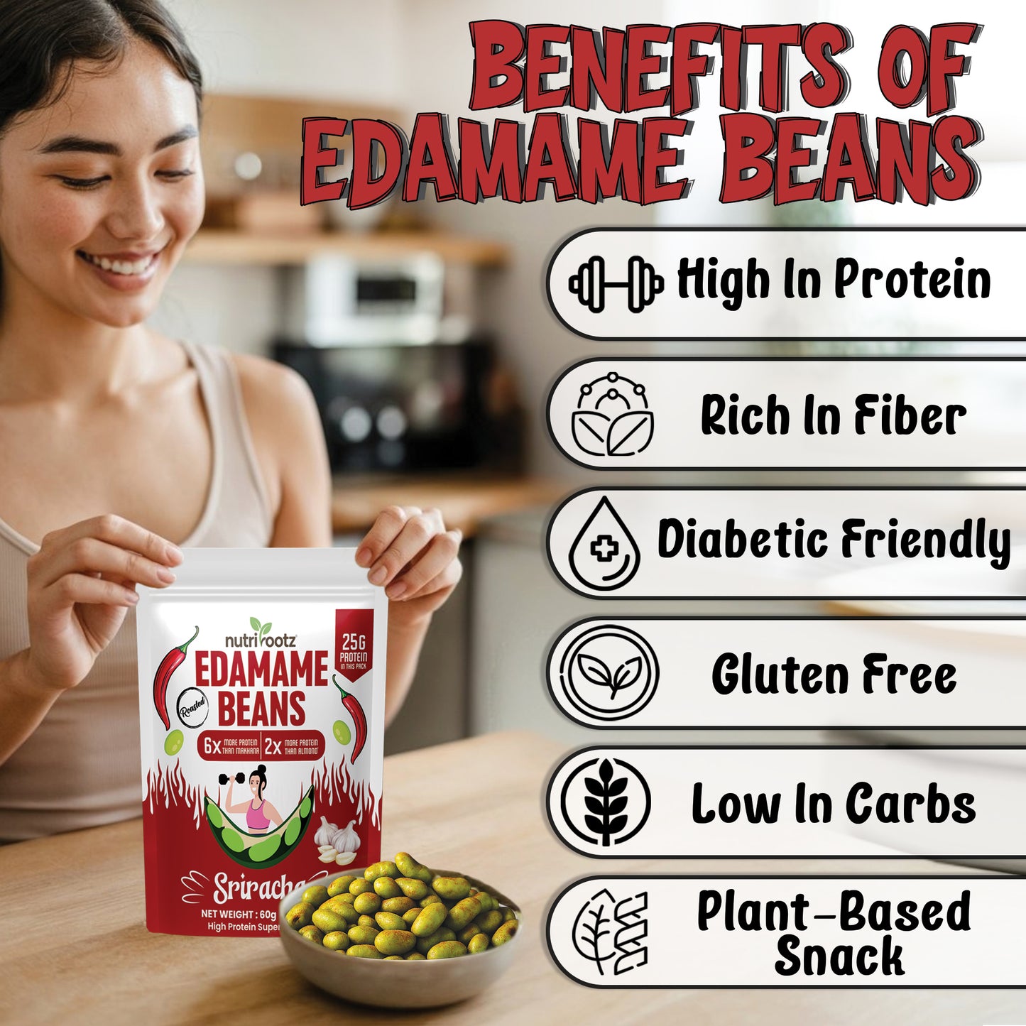 NUTRIROOTZ Roasted Edamame Beans | High Protein Super Snack | 25g Protein | More Protein Than Makhana | Keto Friendly | Gluten Free | Vegan | Healthy Crunchy Snack (60 G, SRIRACHA)