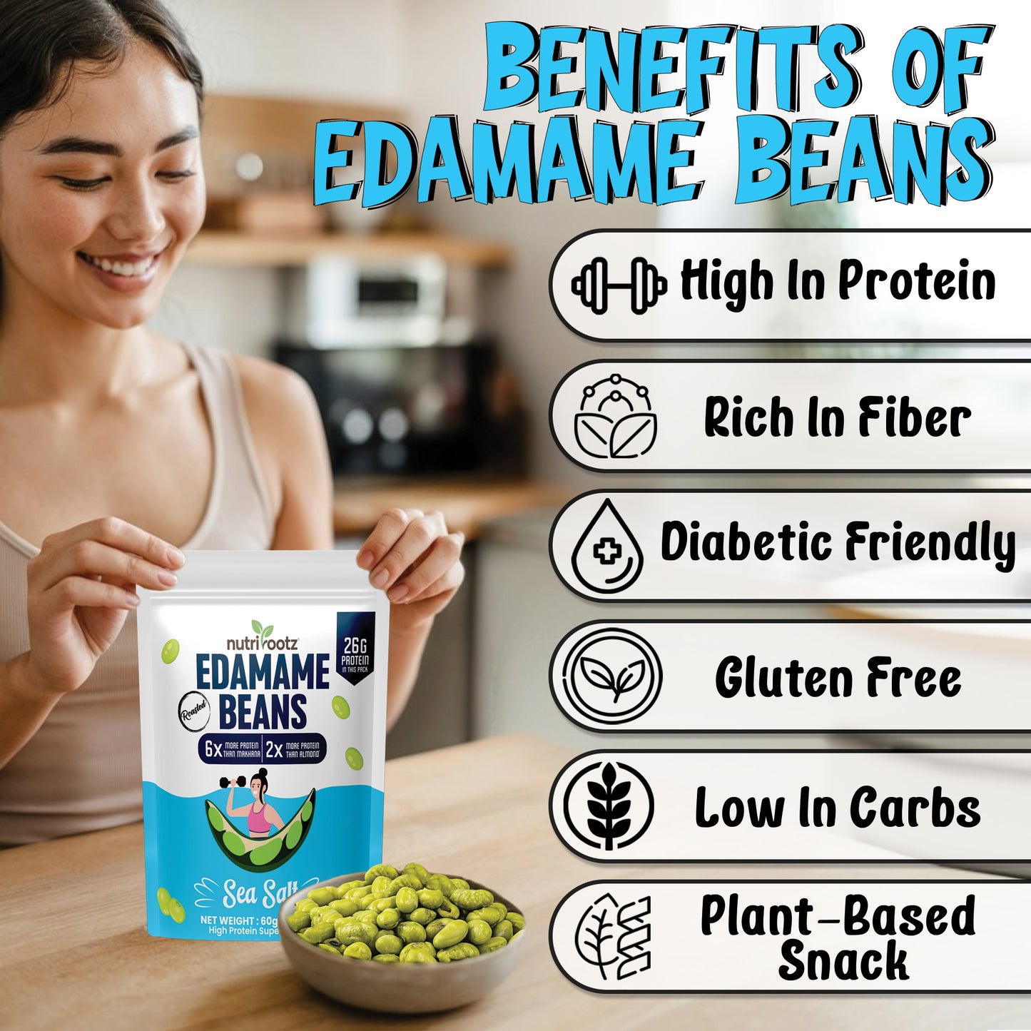 NUTRIROOTZ Roasted Edamame Beans | 26g PROTEIN | Sea Salt Flavor | Highest Protein Super Snack | Roasted Not Fried | Keto Friendly | Gluten Free | Vegan | Plant Based Healthy Snack