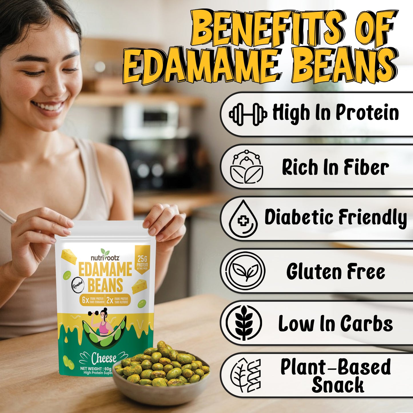 NUTRIROOTZ Roasted Edamame Beans | High Protein Super Snack | 25g Protein | More Protein Than Makhana | Keto Friendly | Gluten Free | Vegan | Healthy Crunchy Snack (60 G, CHEESE)