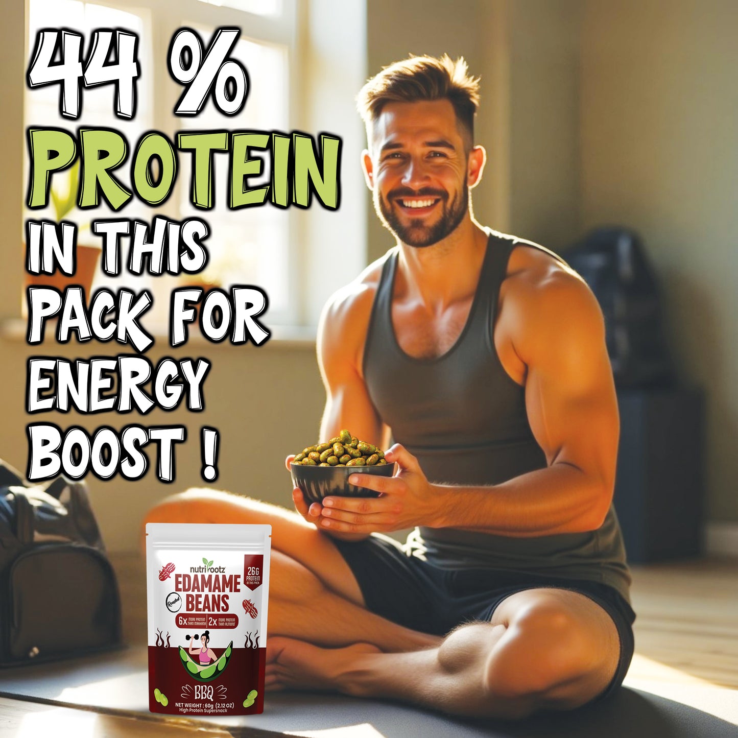NUTRIROOTZ ROASTED EDAMAME BEANS | 26g PROTEIN Per Pack | BBQ Flavor | Highest Protein Super Snack | Plant-Based | Keto Friendly | Gluten-Free Snacks | Healthy Crunchy Snack -60G