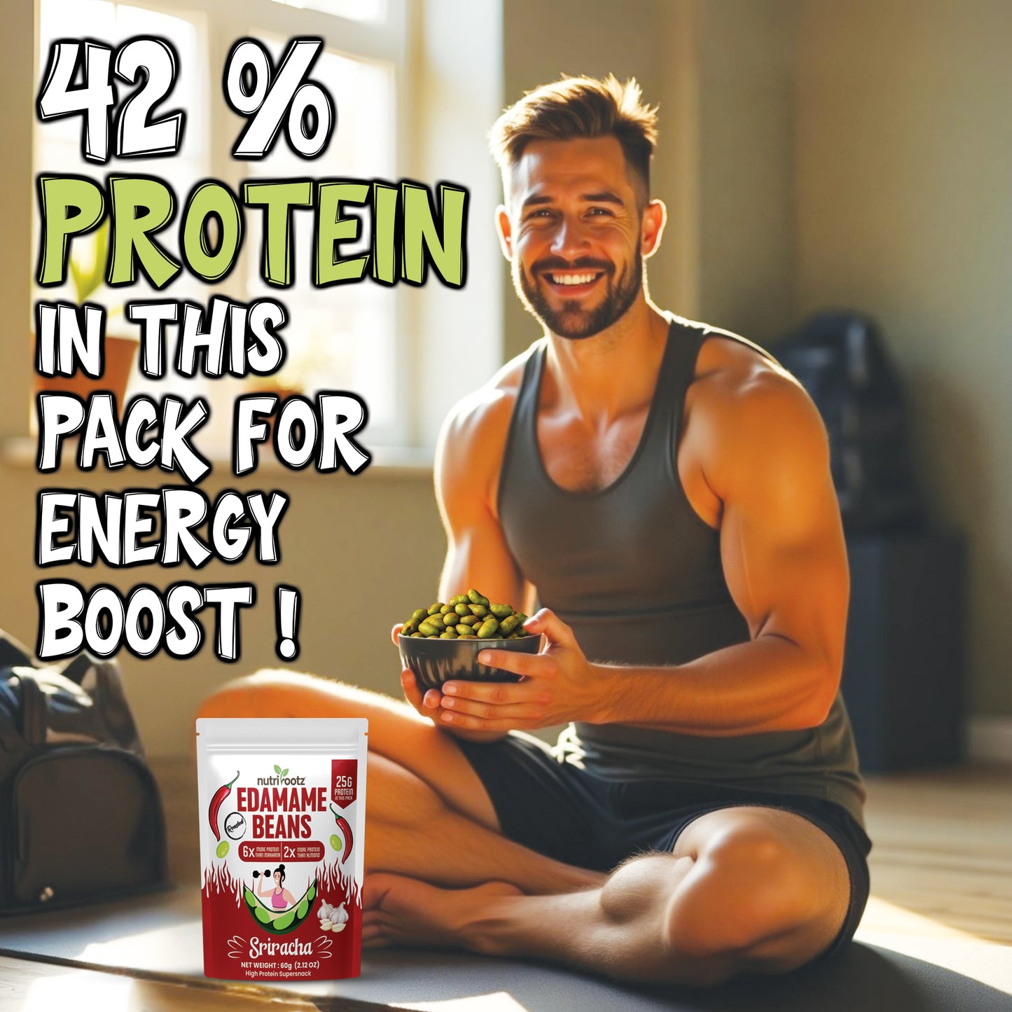 NUTRIROOTZ Roasted Edamame Beans | High Protein Super Snack | 25g Protein | More Protein Than Makhana | Keto Friendly | Gluten Free | Vegan | Healthy Crunchy Snack (60 G, SRIRACHA)