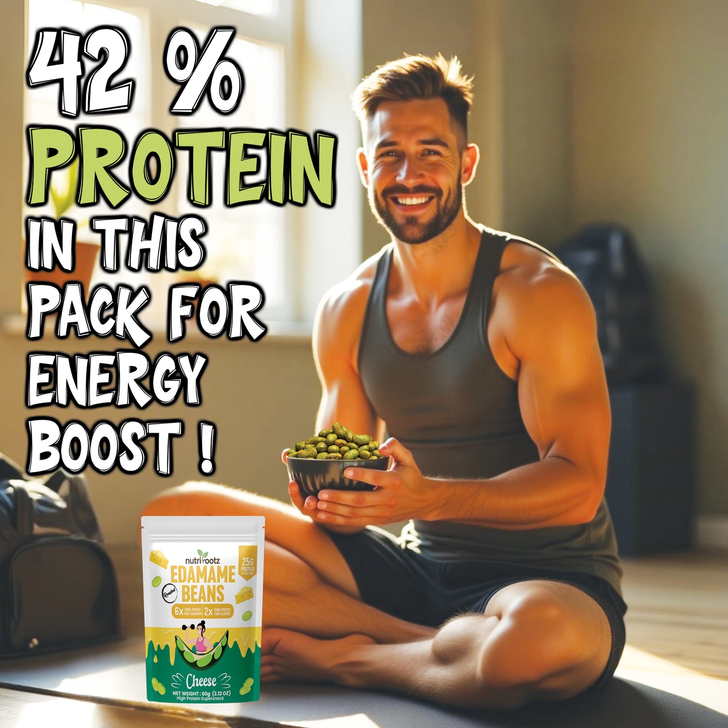 NUTRIROOTZ Roasted Edamame Beans | High Protein Super Snack | 25g Protein | More Protein Than Makhana | Keto Friendly | Gluten Free | Vegan | Healthy Crunchy Snack (60 G, CHEESE)