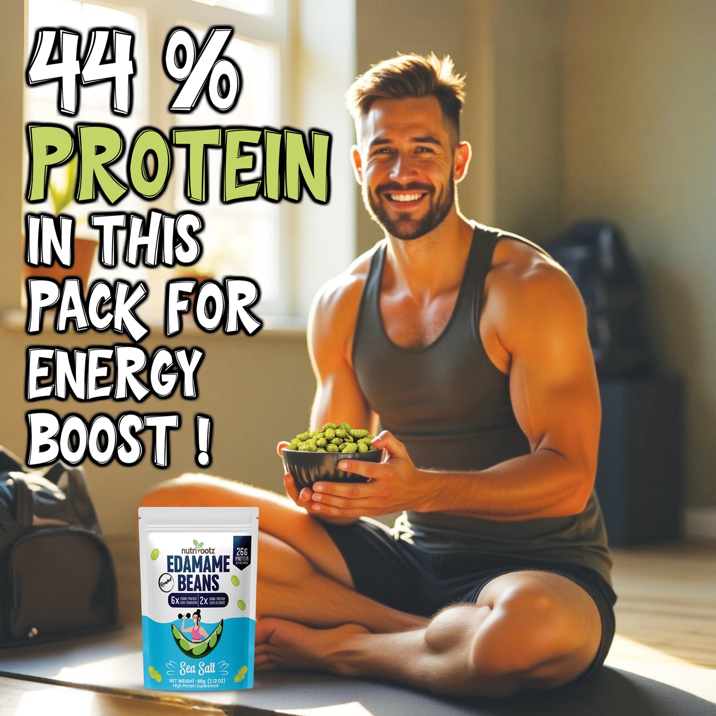 NUTRIROOTZ Roasted Edamame Beans | 26g PROTEIN | Sea Salt Flavor | Highest Protein Super Snack | Roasted Not Fried | Keto Friendly | Gluten Free | Vegan | Plant Based Healthy Snack
