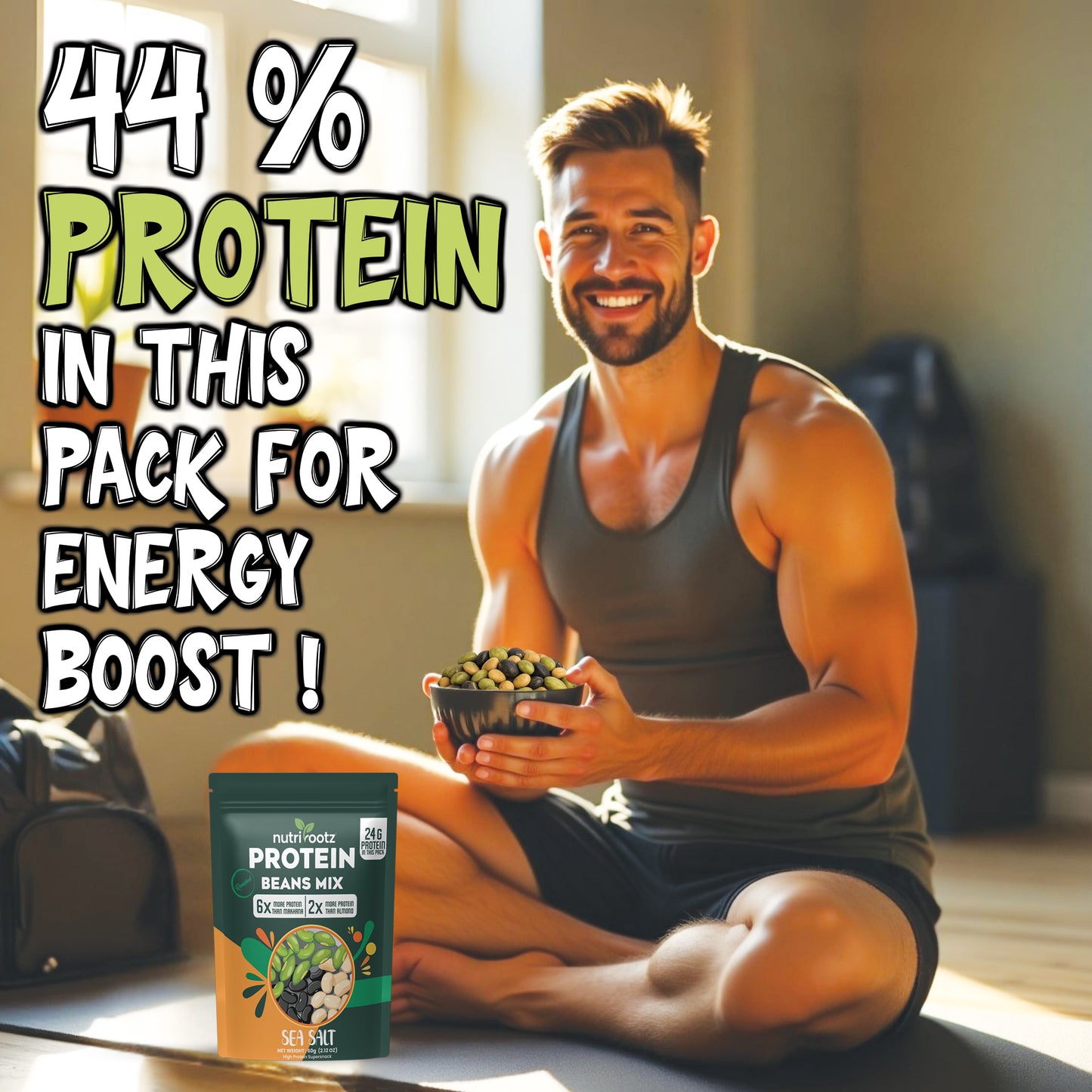 Nutrirootz Roasted Protein Beans Mix - Sea Salt | Soyabean-Edamame Beans-Black Beans | High Protein Super Snack | 24g Protein | Keto Friendly | Gluten Free | Rich in Fiber & Omega-3 | 60g