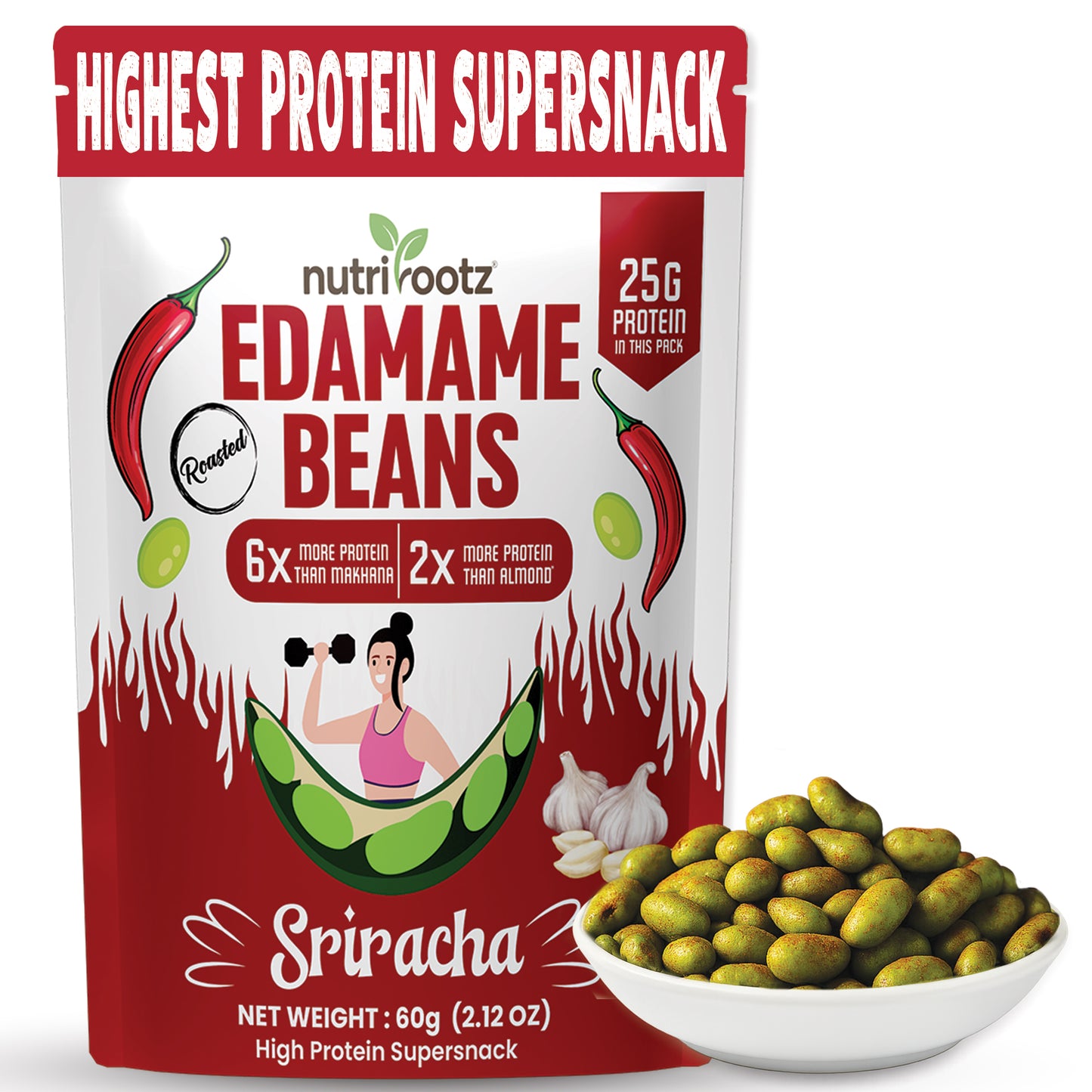 NUTRIROOTZ Roasted Edamame Beans | High Protein Super Snack | 25g Protein | More Protein Than Makhana | Keto Friendly | Gluten Free | Vegan | Healthy Crunchy Snack (60 G, SRIRACHA)