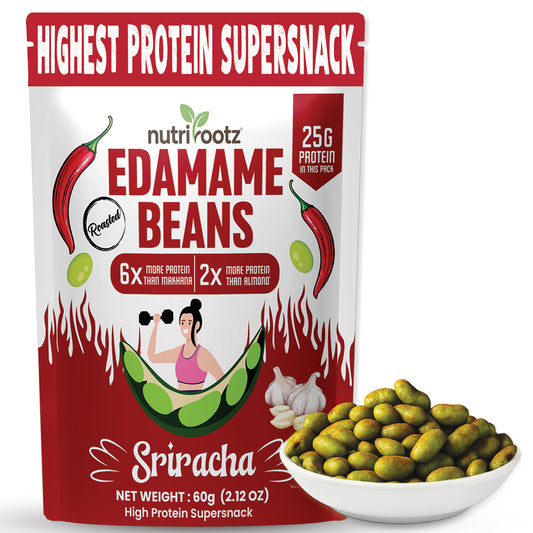 NUTRIROOTZ Roasted Edamame Beans | High Protein Super Snack | 25g Protein | More Protein Than Makhana | Keto Friendly | Gluten Free | Vegan | Healthy Crunchy Snack (60 G, SRIRACHA)
