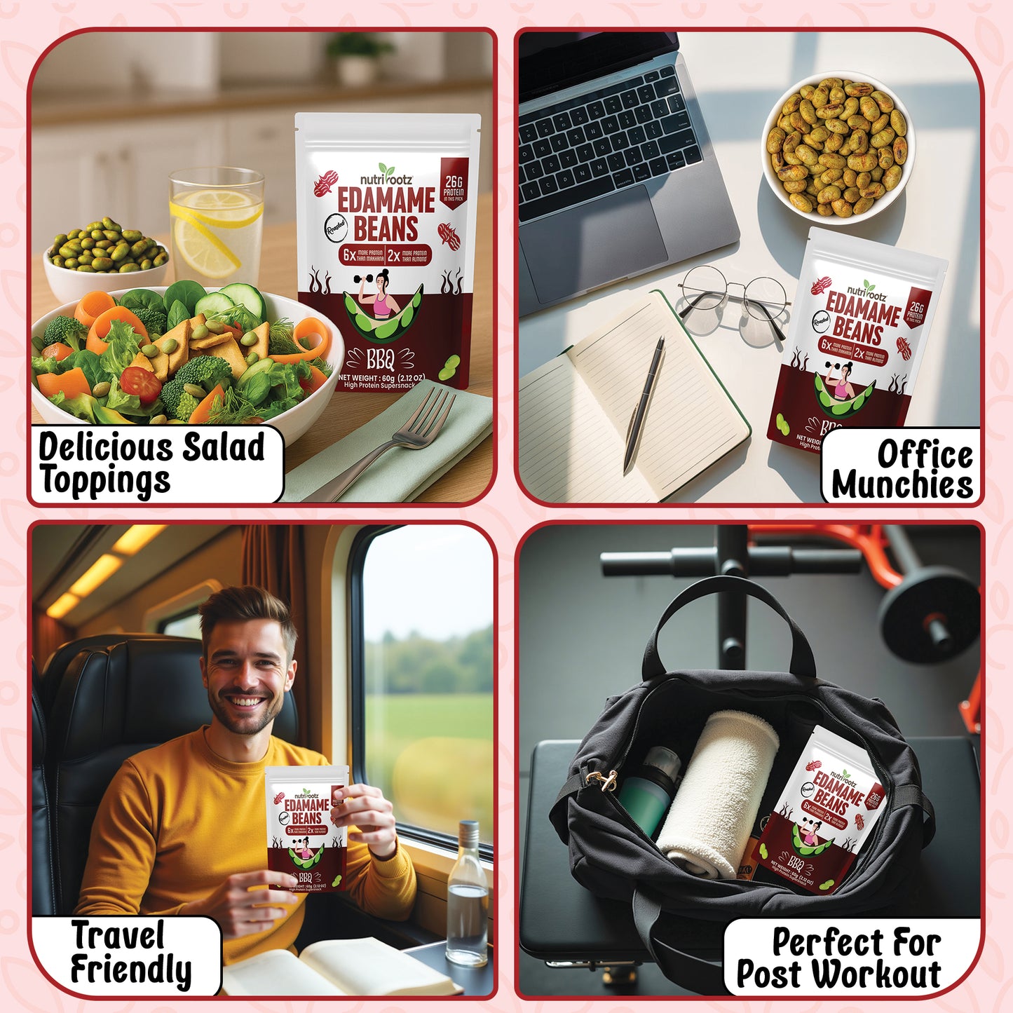 NUTRIROOTZ ROASTED EDAMAME BEANS | 26g PROTEIN Per Pack | BBQ Flavor | Highest Protein Super Snack | Plant-Based | Keto Friendly | Gluten-Free Snacks | Healthy Crunchy Snack -60G