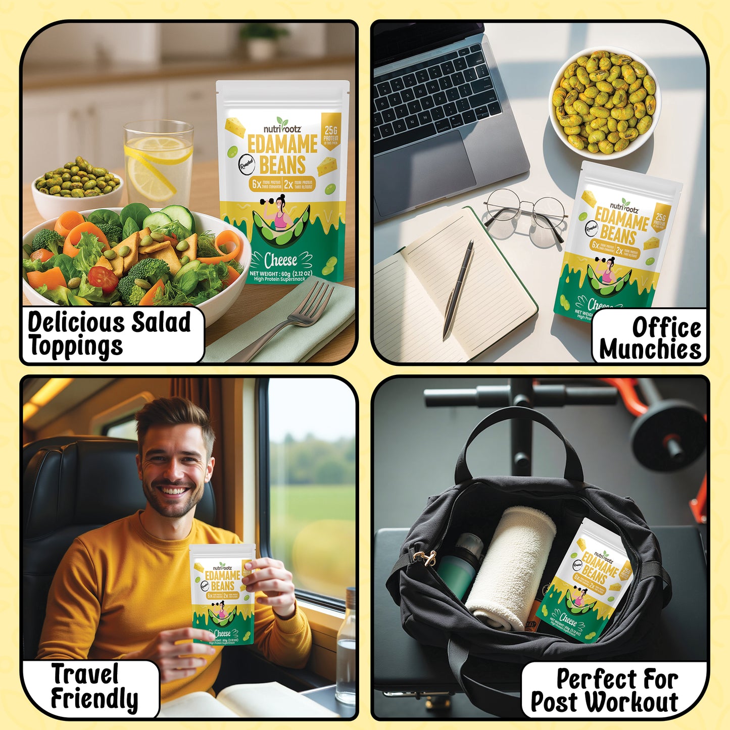 NUTRIROOTZ Roasted Edamame Beans | High Protein Super Snack | 25g Protein | More Protein Than Makhana | Keto Friendly | Gluten Free | Vegan | Healthy Crunchy Snack (60 G, CHEESE)
