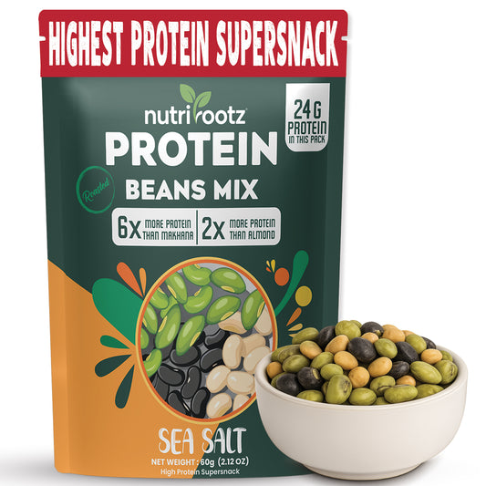 Nutrirootz Roasted Protein Beans Mix - Sea Salt | Soyabean-Edamame Beans-Black Beans | High Protein Super Snack | 24g Protein | Keto Friendly | Gluten Free | Rich in Fiber & Omega-3 | 60g