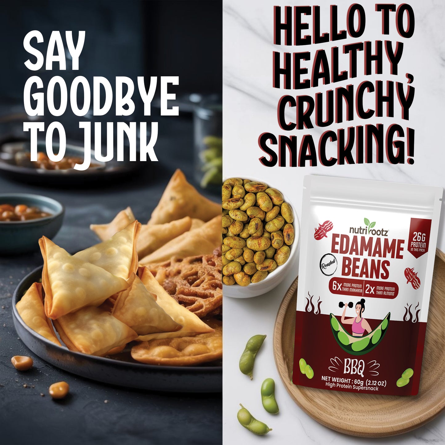 NUTRIROOTZ ROASTED EDAMAME BEANS | 26g PROTEIN Per Pack | BBQ Flavor | Highest Protein Super Snack | Plant-Based | Keto Friendly | Gluten-Free Snacks | Healthy Crunchy Snack -60G