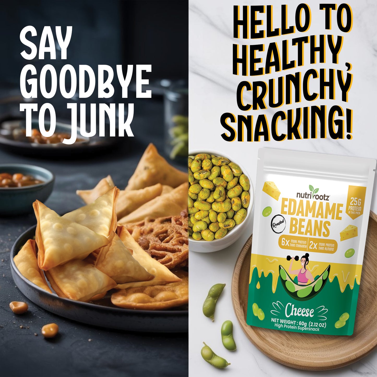 NUTRIROOTZ Roasted Edamame Beans | High Protein Super Snack | 25g Protein | More Protein Than Makhana | Keto Friendly | Gluten Free | Vegan | Healthy Crunchy Snack (60 G, CHEESE)