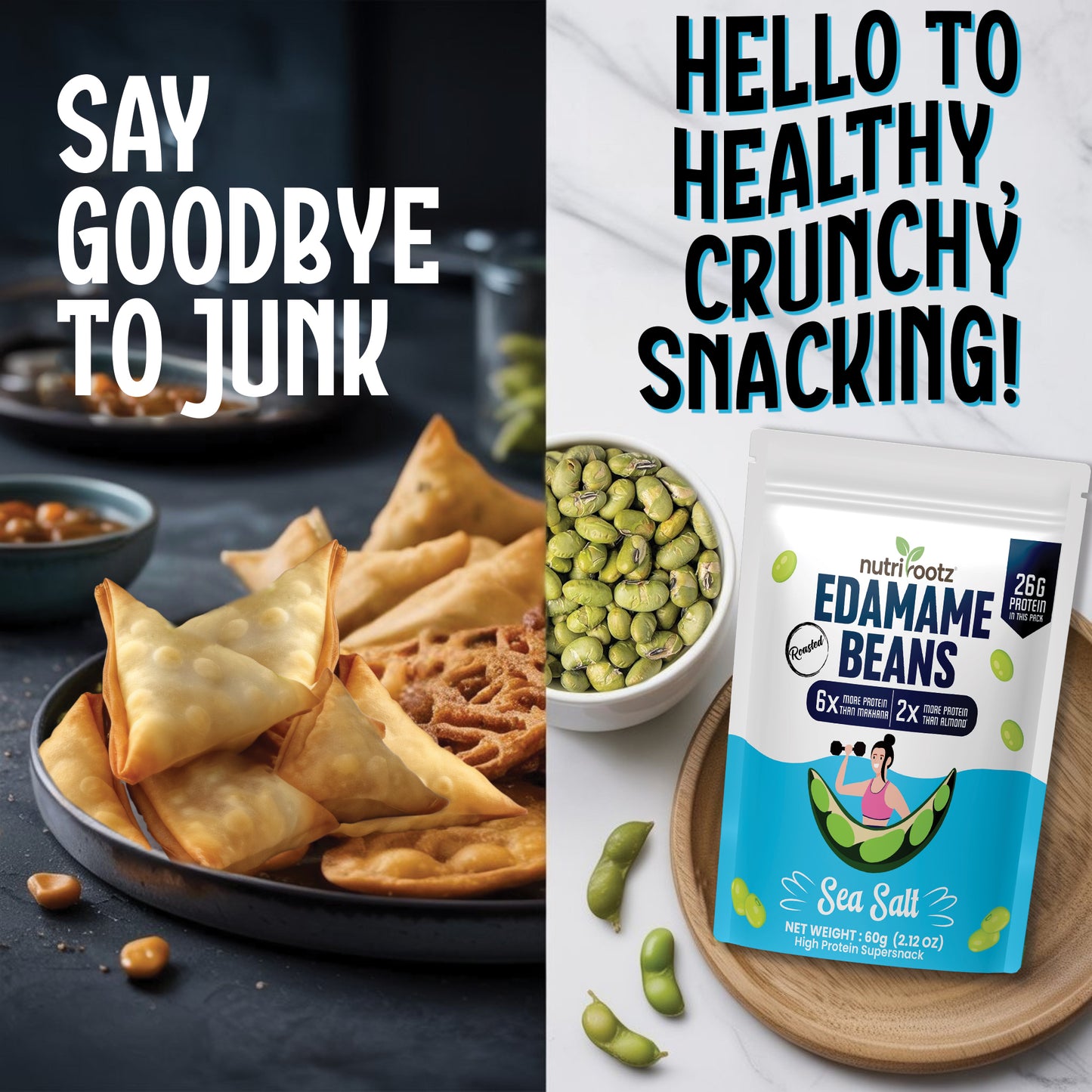NUTRIROOTZ Roasted Edamame Beans | 26g PROTEIN | Sea Salt Flavor | Highest Protein Super Snack | Roasted Not Fried | Keto Friendly | Gluten Free | Vegan | Plant Based Healthy Snack