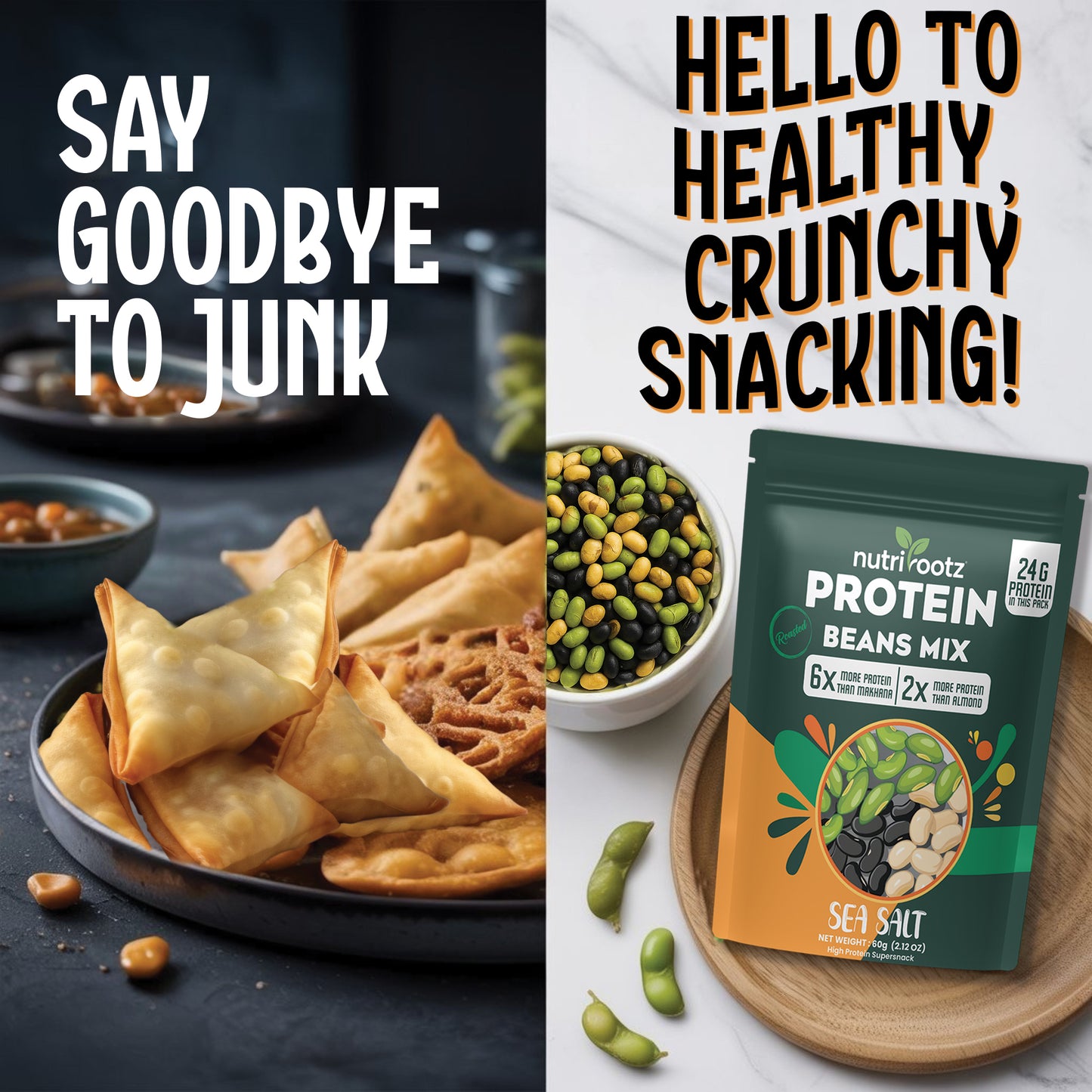 Nutrirootz Roasted Protein Beans Mix - Sea Salt | Soyabean-Edamame Beans-Black Beans | High Protein Super Snack | 24g Protein | Keto Friendly | Gluten Free | Rich in Fiber & Omega-3 | 60g