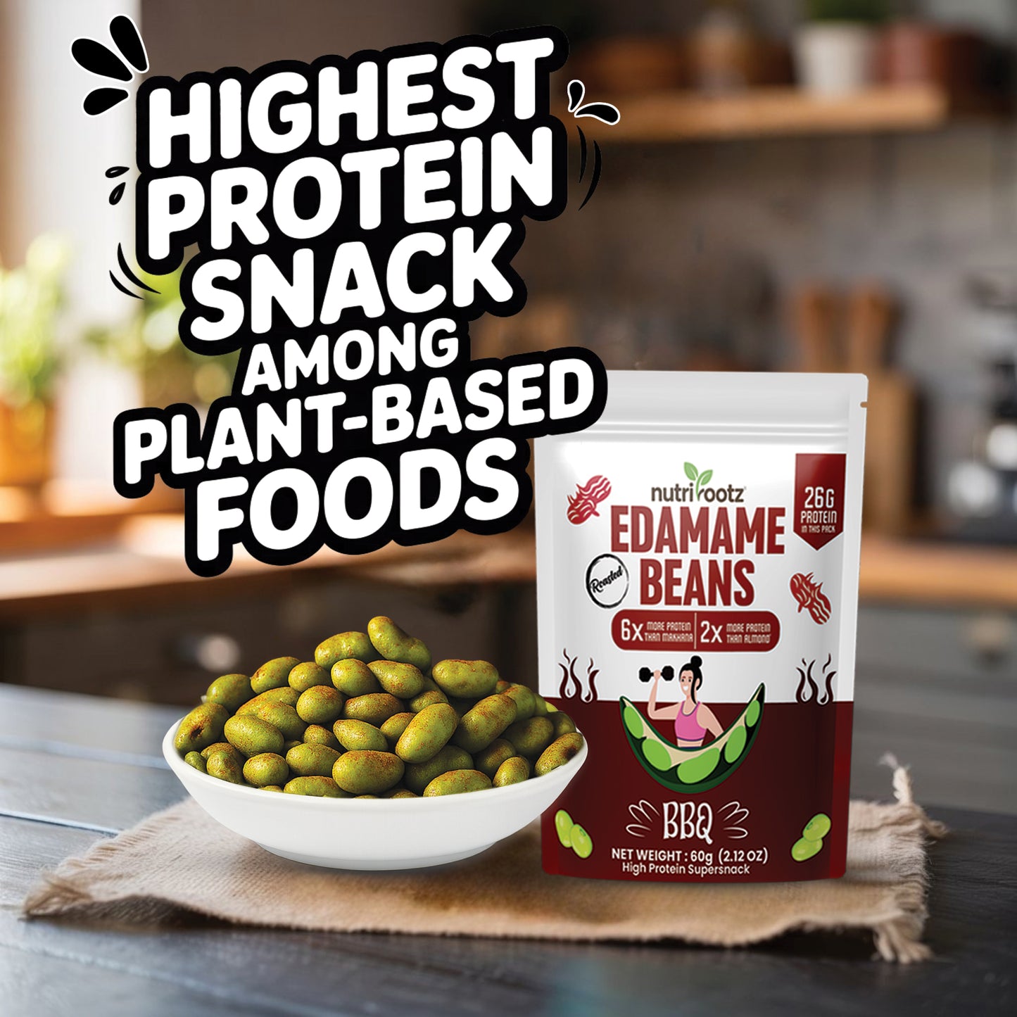 NUTRIROOTZ ROASTED EDAMAME BEANS | 26g PROTEIN Per Pack | BBQ Flavor | Highest Protein Super Snack | Plant-Based | Keto Friendly | Gluten-Free Snacks | Healthy Crunchy Snack -60G