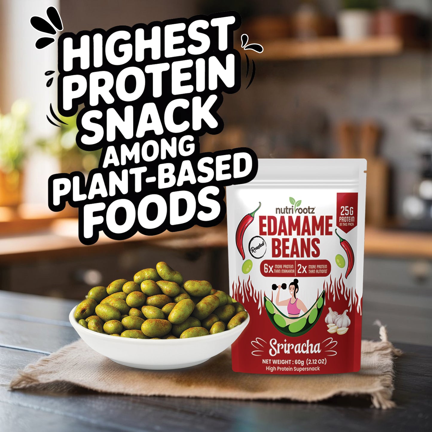 NUTRIROOTZ Roasted Edamame Beans | High Protein Super Snack | 25g Protein | More Protein Than Makhana | Keto Friendly | Gluten Free | Vegan | Healthy Crunchy Snack (60 G, SRIRACHA)