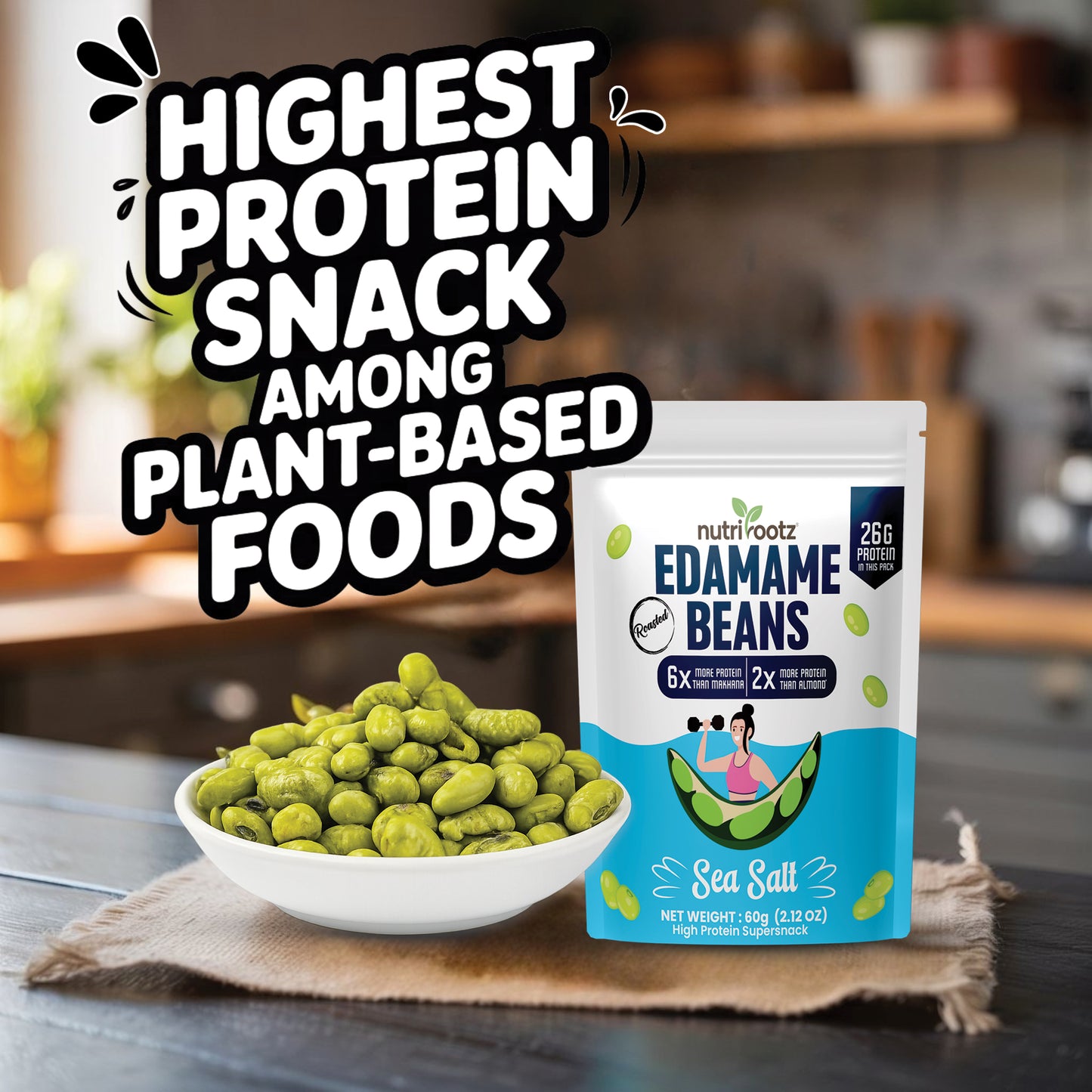 NUTRIROOTZ Roasted Edamame Beans | 26g PROTEIN | Sea Salt Flavor | Highest Protein Super Snack | Roasted Not Fried | Keto Friendly | Gluten Free | Vegan | Plant Based Healthy Snack