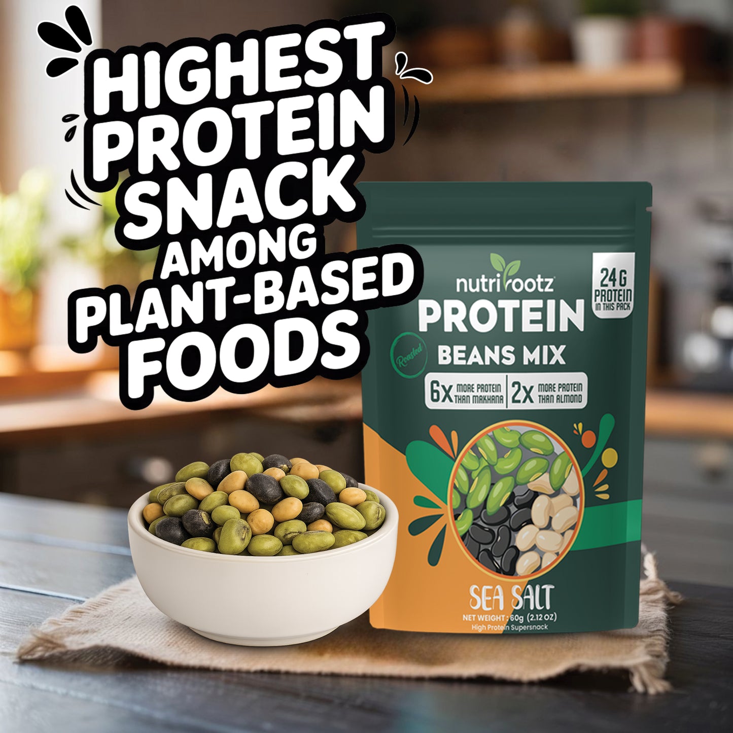 Nutrirootz Roasted Protein Beans Mix - Sea Salt | Soyabean-Edamame Beans-Black Beans | High Protein Super Snack | 24g Protein | Keto Friendly | Gluten Free | Rich in Fiber & Omega-3 | 60g