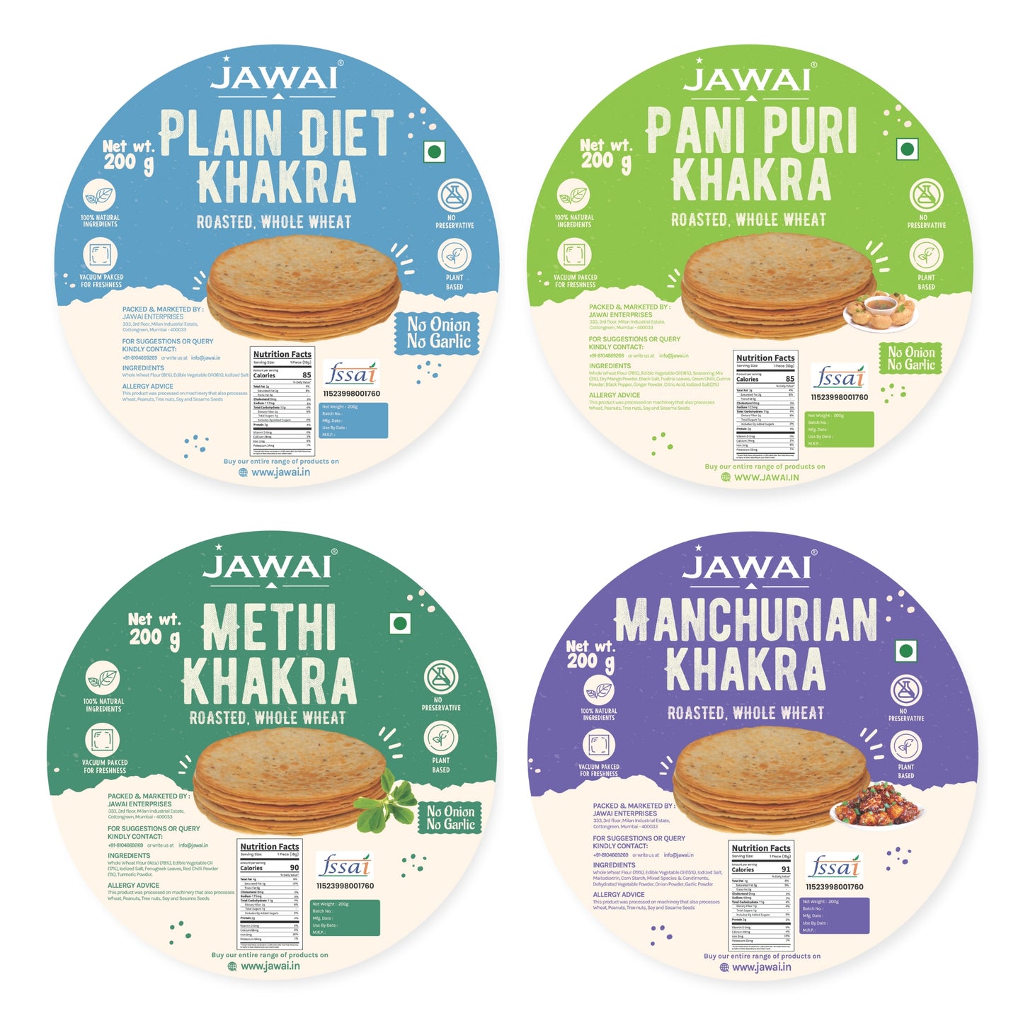 Roasted Whole Wheat Khakra Combo | Plain Diet, Methi, Pani Puri, Manchurian, Masala | 100% Natural | Pack of 4- 200 gms each | Vaccum packed for Freshness