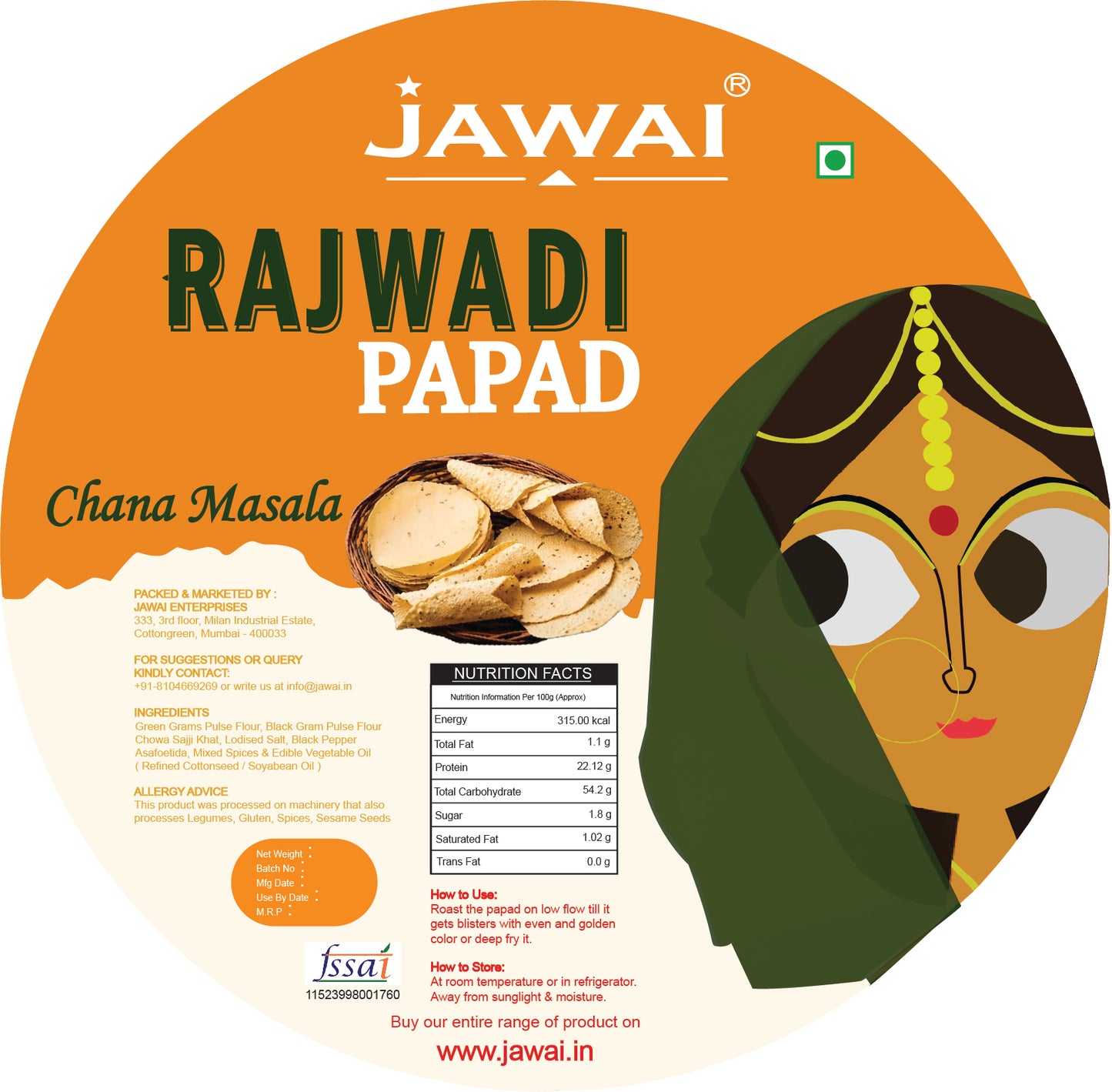 Jawai Chana Masala Papad | Protein Rich Masala Papad | 100% Natural | Handmade Papad | Spicy Papad | Rajasthani Flavor | Zipper Packaging | Pack of 4-100g Each