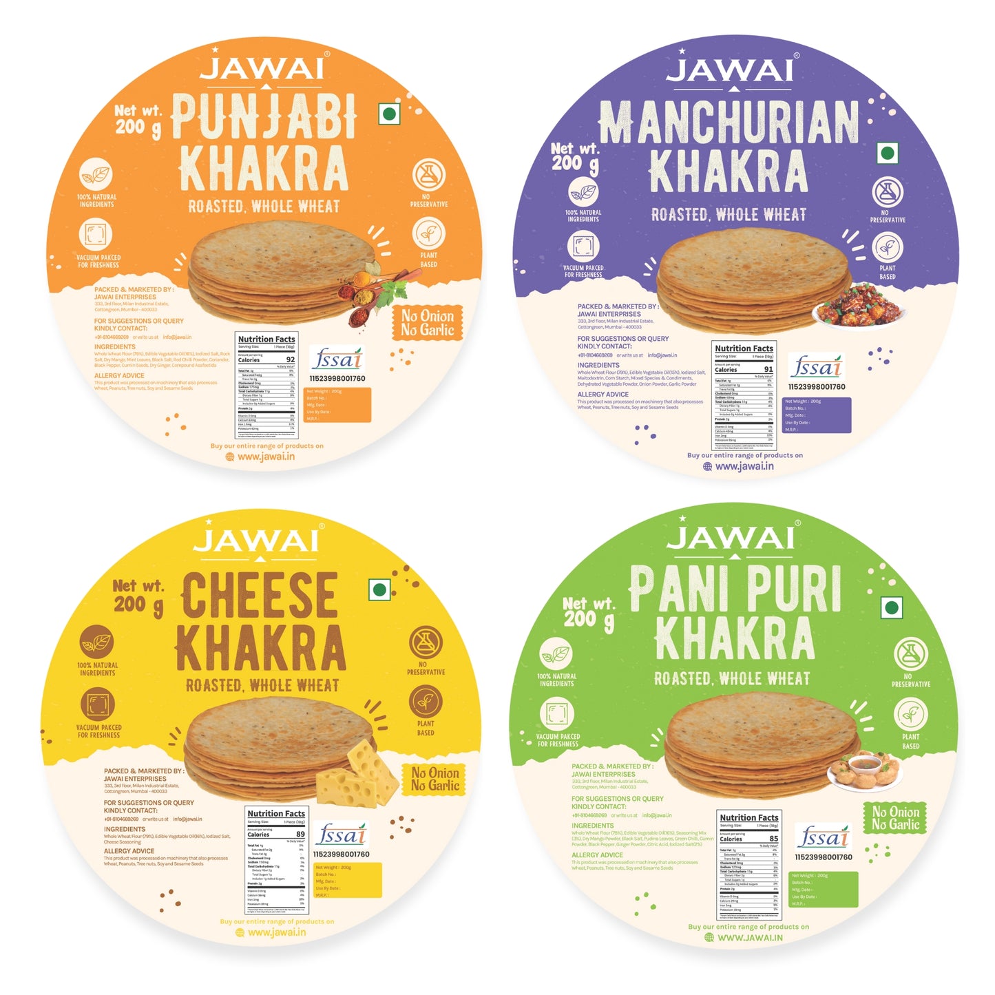 Roasted Whole Wheat Khakra Combo | Punjabi, Manchurian, Cheese, Pani puri|Khakhra| 100% Natural | Pack of 4, 200 gms each | Vaccum packed for Freshness