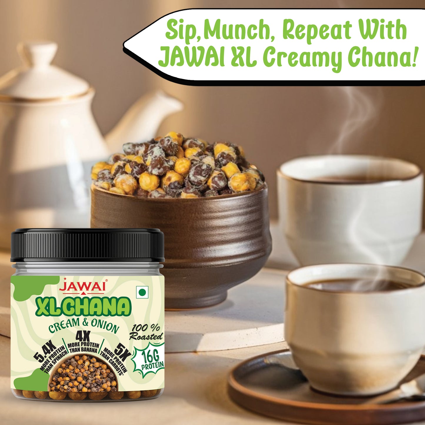 JAWAI Roasted XL Chana  | Cream & Onion Flavor | Healthy Snack  | 16g High Protein Snacks | Roasted Chana- Pack of 3