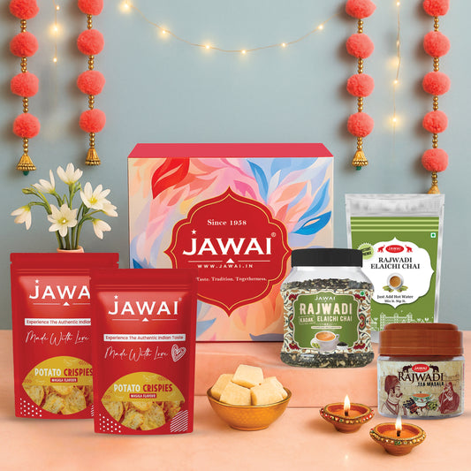 JAWAI Premium Elaichi Chai Gift Box | Festive Tea Hamper Set | Best Gifting Option | Diwali Gift Hamper | Corporate Gifts | Gourmet Snacks - Tea Gift Box (Elaichi Chai Gift Hamper)