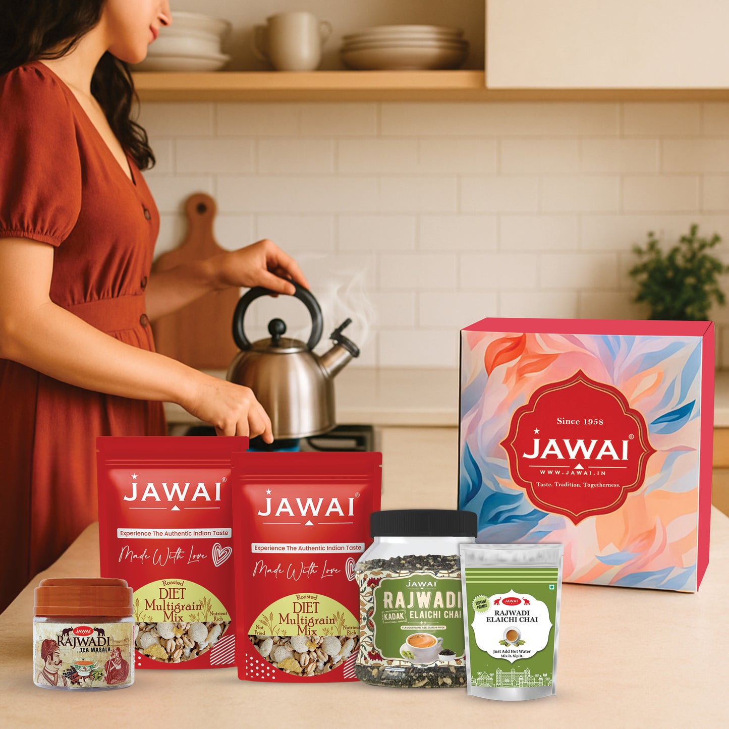 JAWAI Premium Elaichi Chai Gift Box | Festive Tea Hamper Set | Best Gifting Option | Diwali Gift Hamper | Corporate Gifts | Gourmet Snacks - Tea Gift Box (Elaichi Chai Gift Hamper)