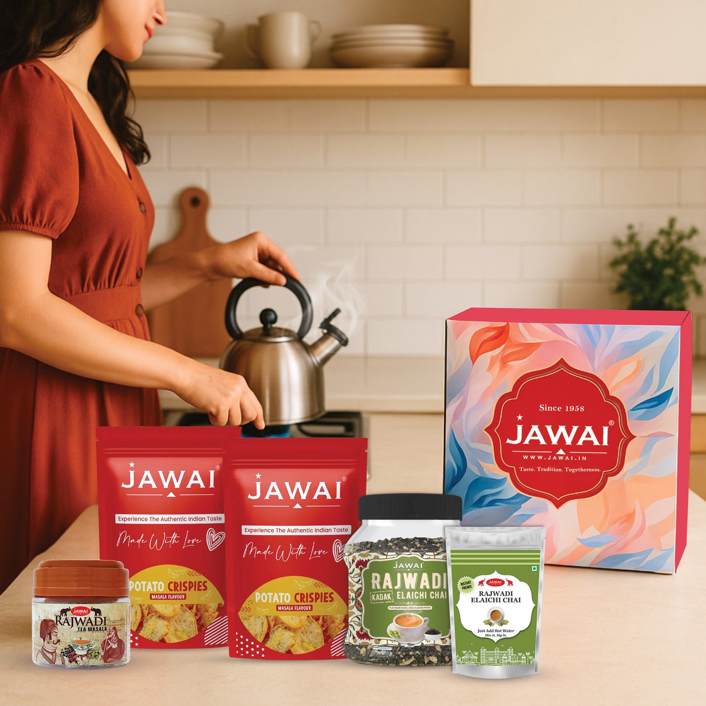 JAWAI Premium Elaichi Chai Gift Box | Festive Tea Hamper Set | Best Gifting Option | Diwali Gift Hamper | Corporate Gifts | Gourmet Snacks - Tea Gift Box (Elaichi Chai Gift Hamper)