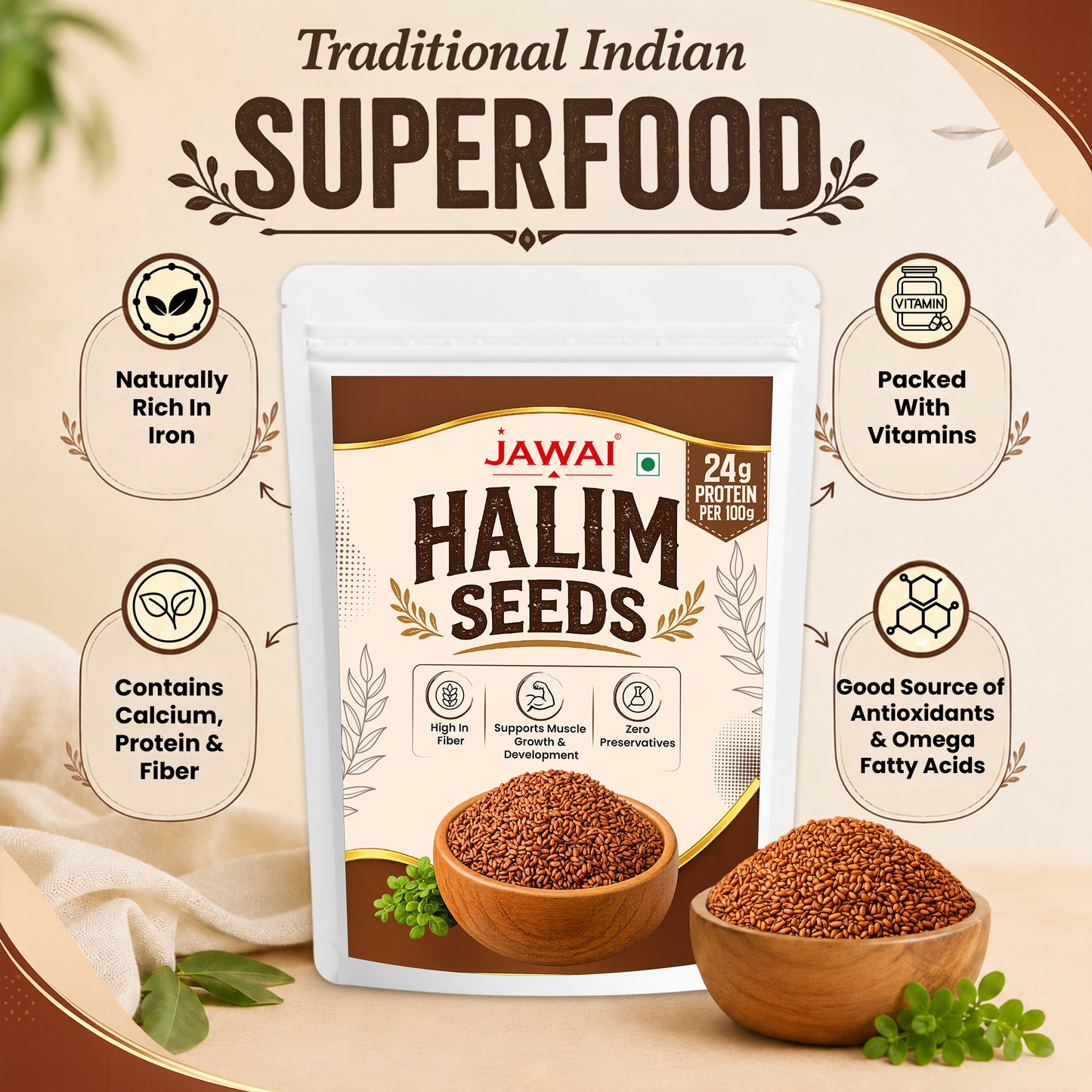 A stand-up pouch of Jawai Halim Seeds presented on a warm beige background with decorative text callouts and bowls of the seeds in front. The package is white and brown with the brand name JAWAI and product name HALIM SEEDS clearly visible.