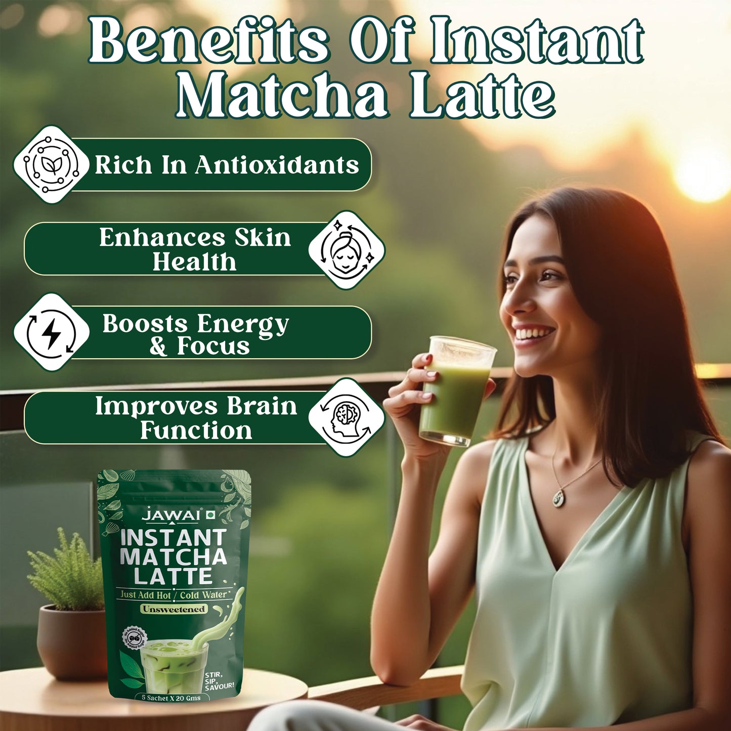 JAWAI MATCHA LATTE INSTANT PREMIX | Japanese Matcha Green Tea Powder | Unsweetened, No Added Sugar | Just Add Hot or Cold Water | 5 Sachets x 20G