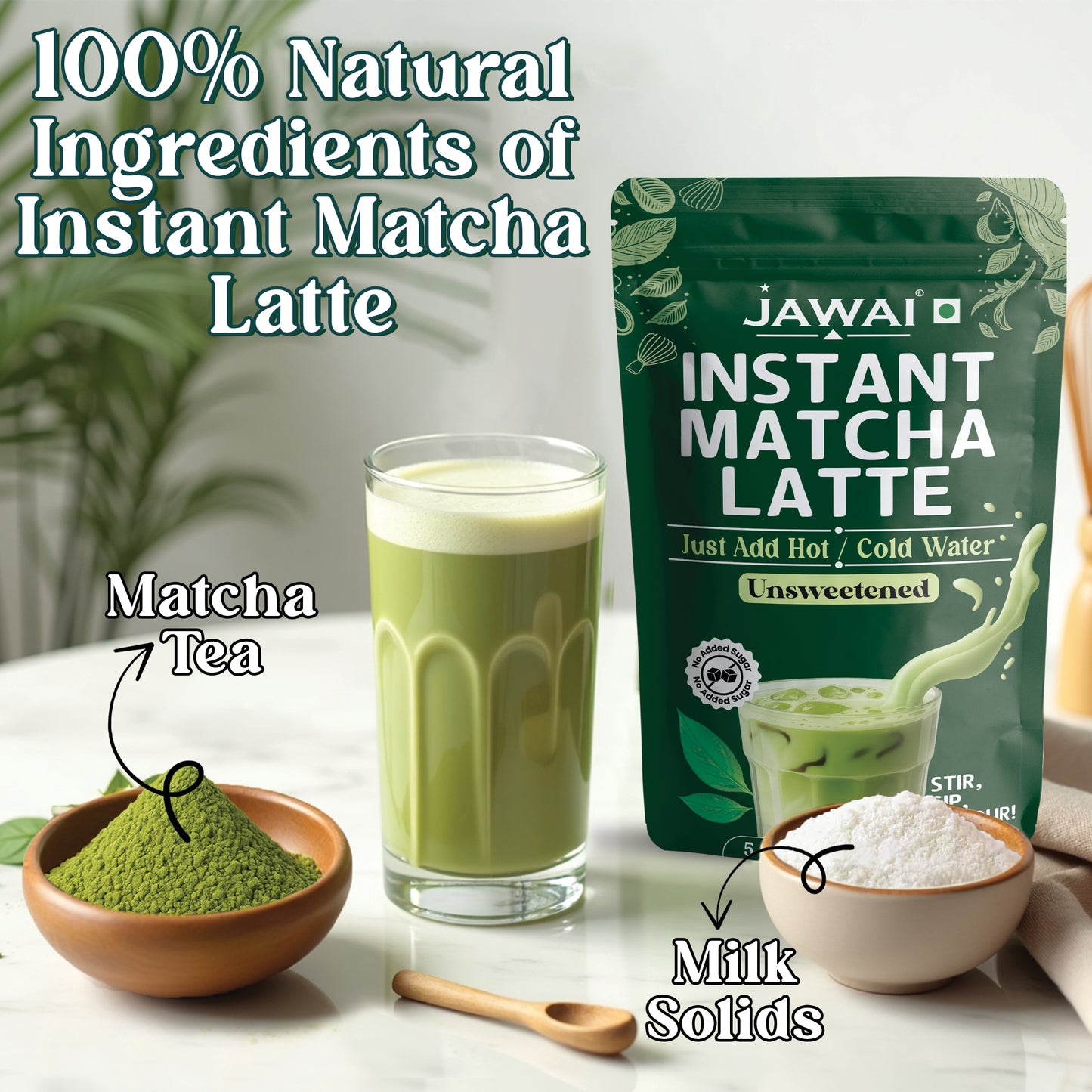 JAWAI MATCHA LATTE INSTANT PREMIX | Japanese Matcha Green Tea Powder | Unsweetened, No Added Sugar | Just Add Hot or Cold Water | 5 Sachets x 20G