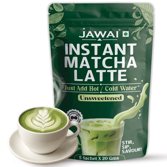 JAWAI MATCHA LATTE INSTANT PREMIX | Japanese Matcha Green Tea Powder | Unsweetened, No Added Sugar | Just Add Hot or Cold Water | 5 Sachets x 20G