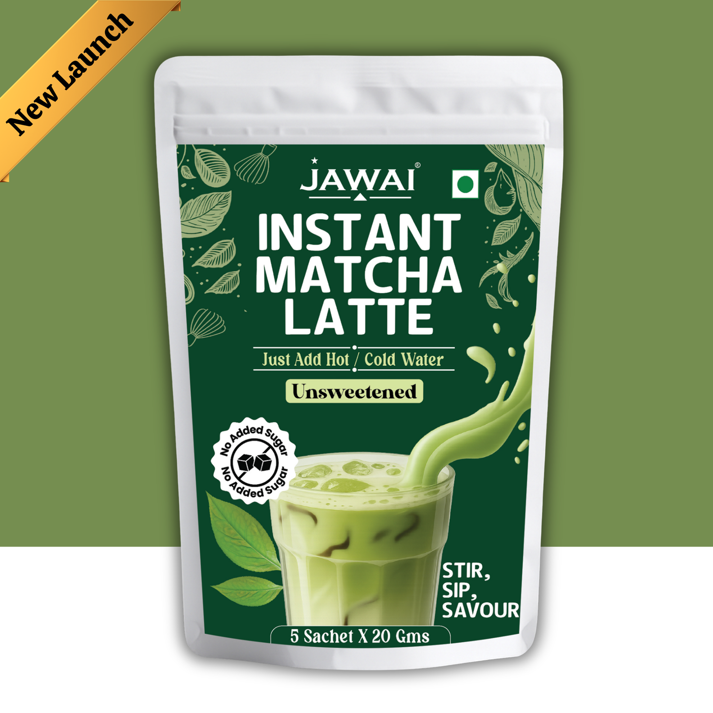 JAWAI MATCHA LATTE INSTANT PREMIX | Japanese Matcha Green Tea Powder | Unsweetened, No Added Sugar | Just Add Hot or Cold Water | 5 Sachets x 20G
