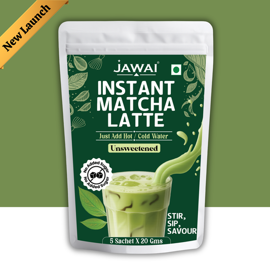 JAWAI MATCHA LATTE INSTANT PREMIX | Japanese Matcha Green Tea Powder | Unsweetened, No Added Sugar | Just Add Hot or Cold Water | 5 Sachets x 20G
